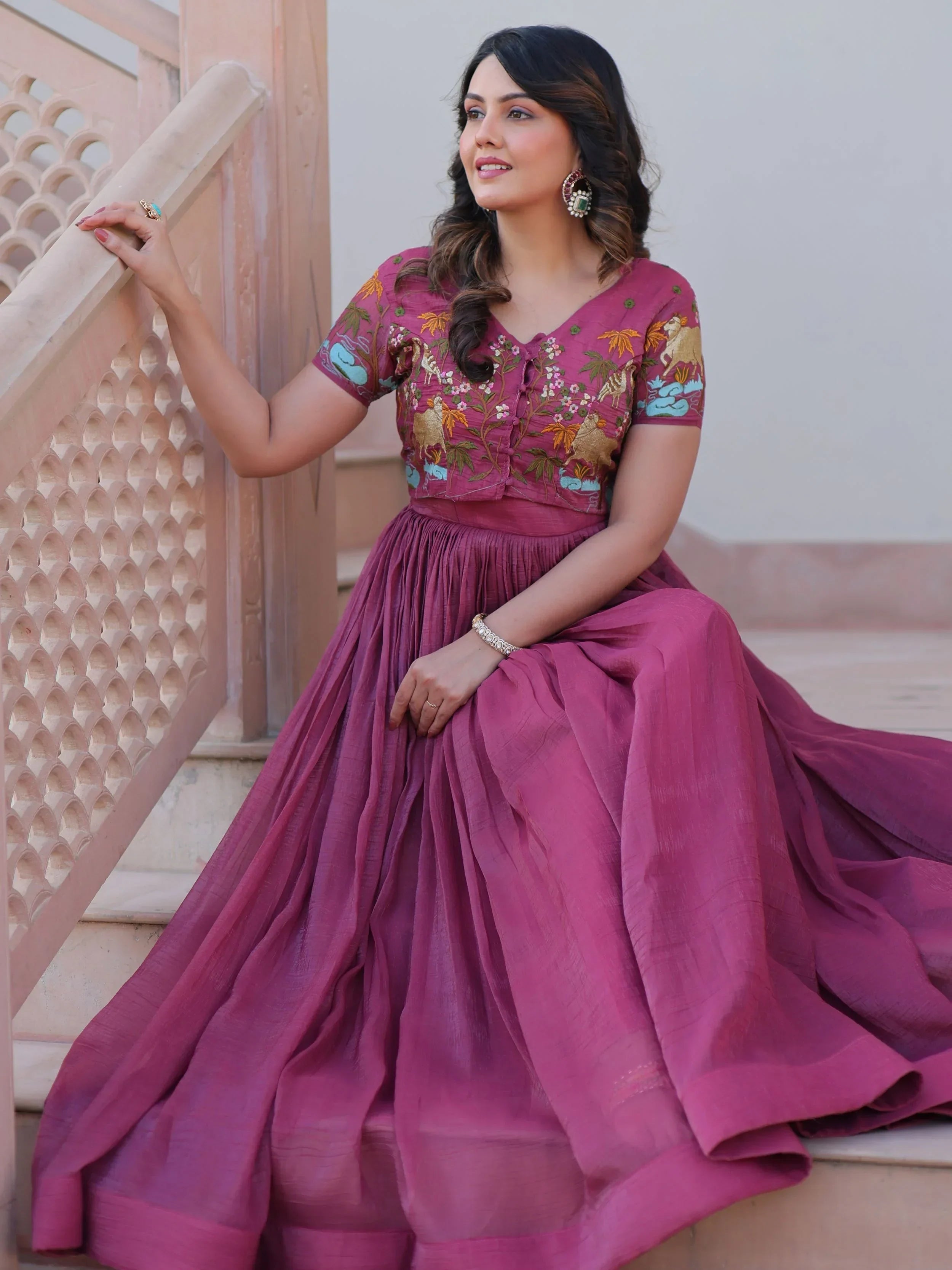 Pink Classy Onion Organza Embroidered Festival Wear Gown With Koti