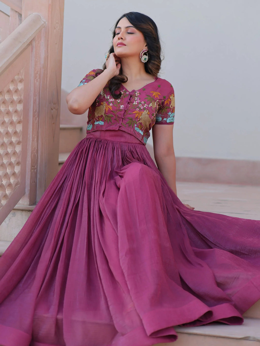 Pink Classy Onion Organza Embroidered Festival Wear Gown With Koti