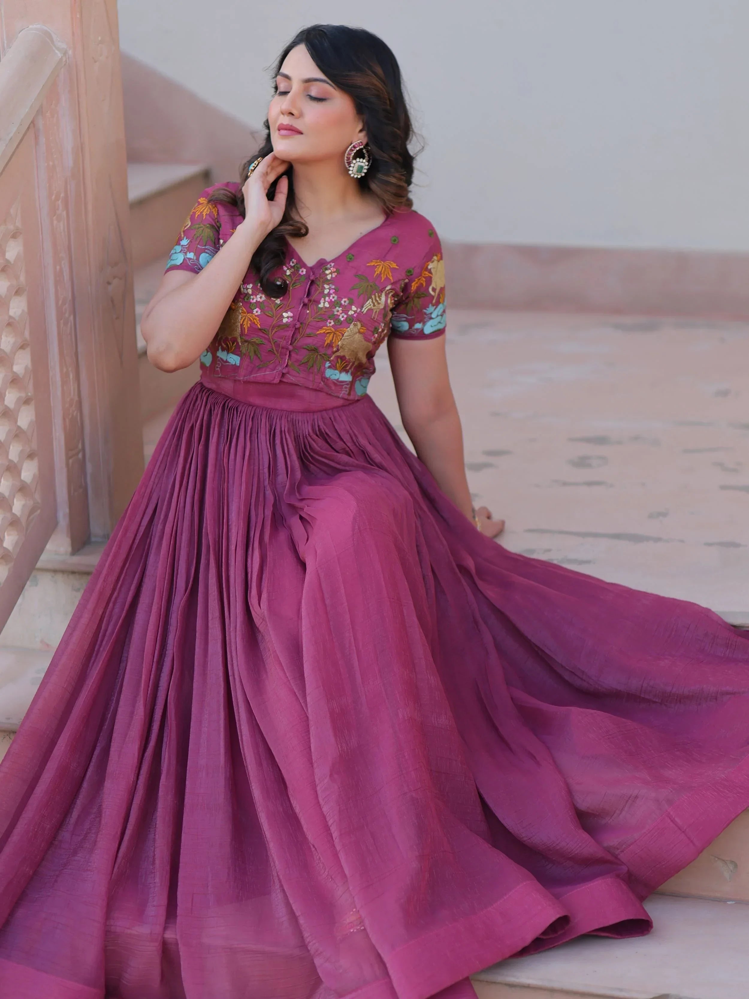 Pink Classy Onion Organza Embroidered Festival Wear Gown With Koti