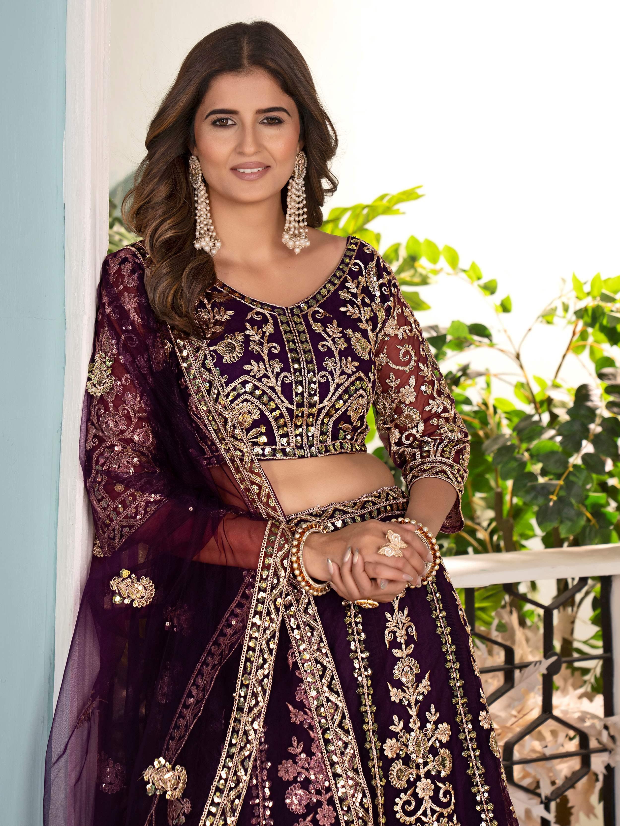 Wine Captivating Net Sequins Embroidered Bridesmaid Lehenga Choli