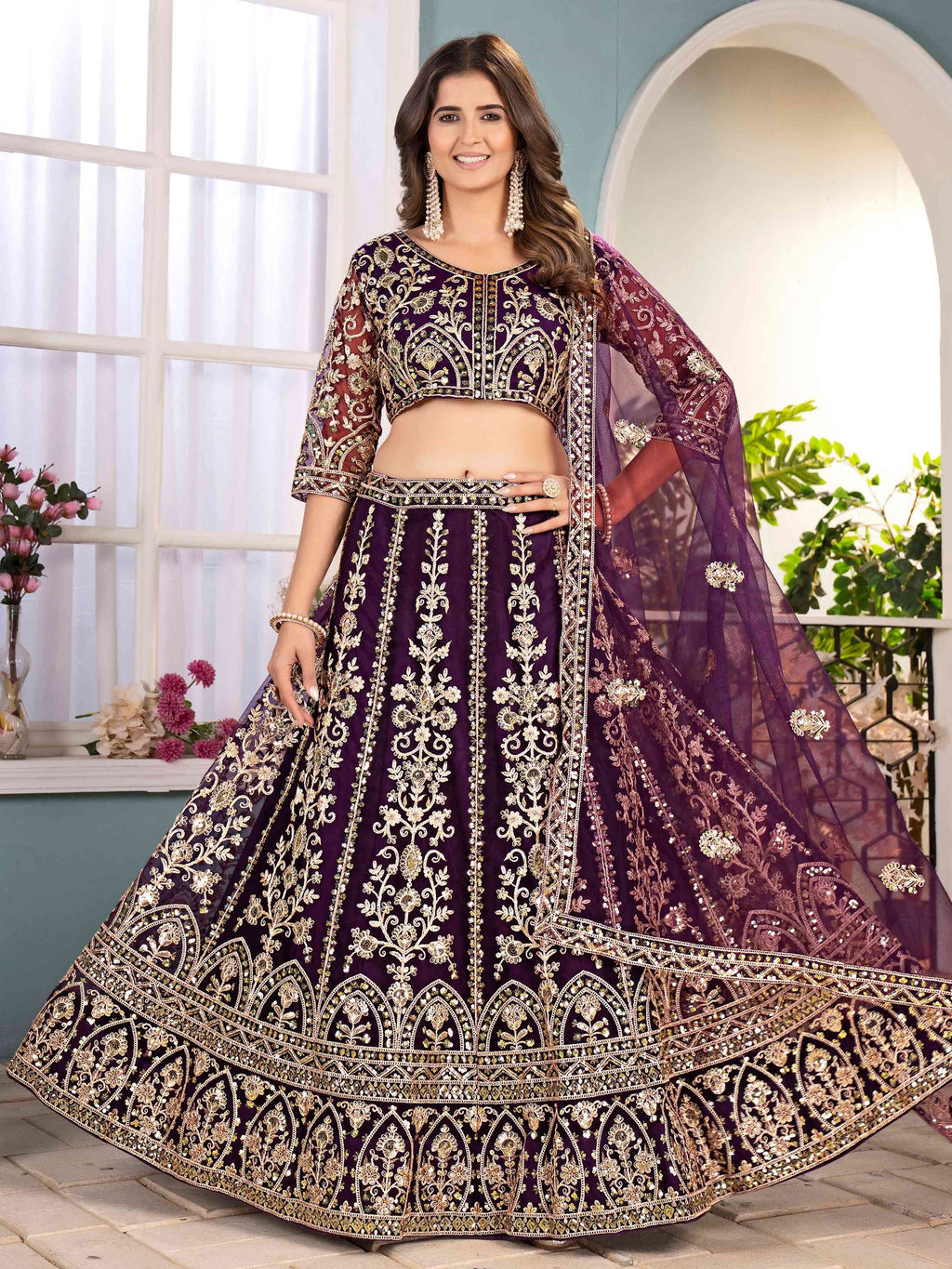 Wine Captivating Net Sequins Embroidered Bridesmaid Lehenga Choli