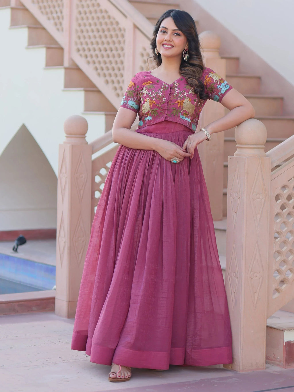 Pink Classy Onion Organza Embroidered Festival Wear Gown With Koti