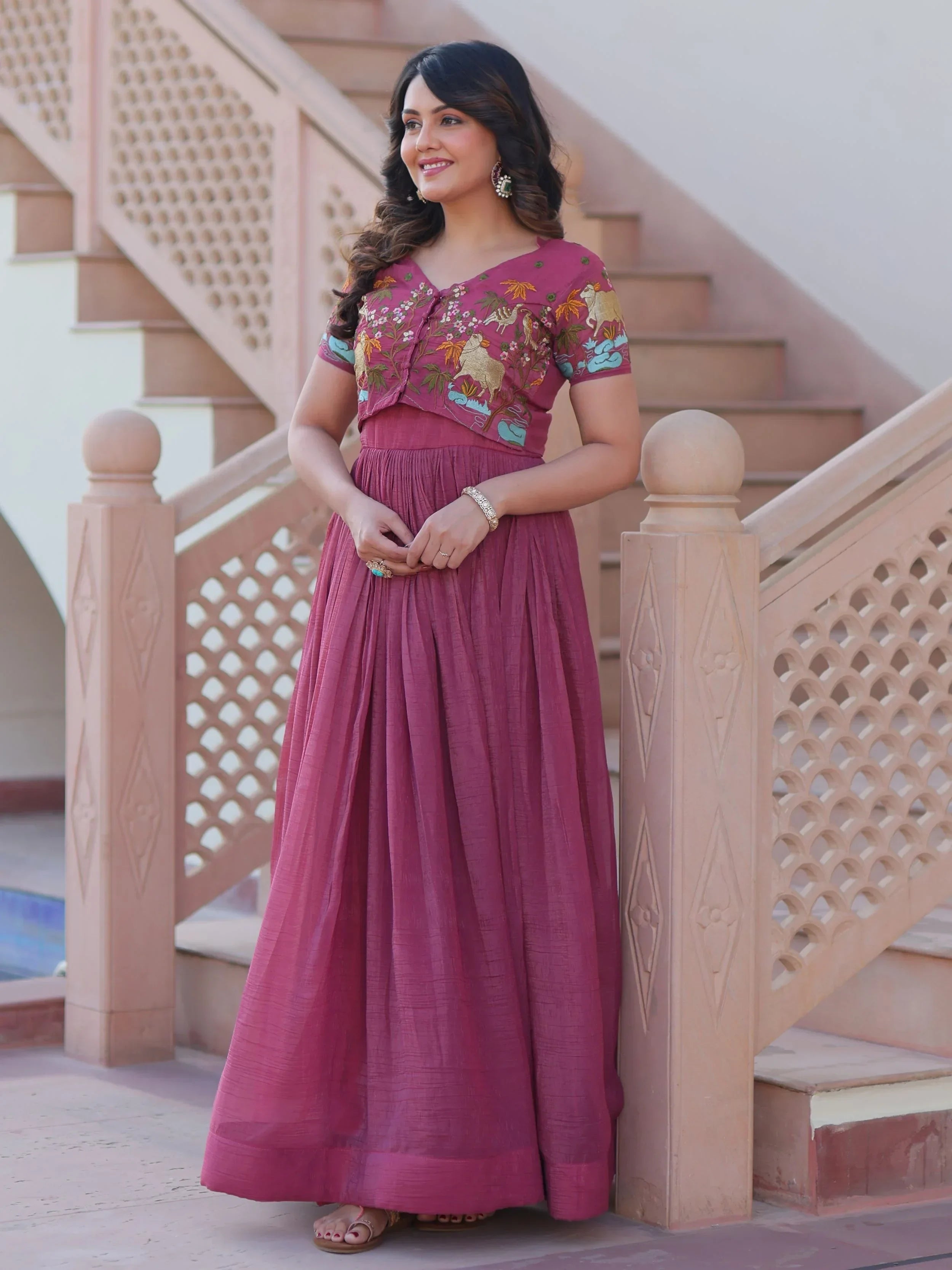 Pink Classy Onion Organza Embroidered Festival Wear Gown With Koti
