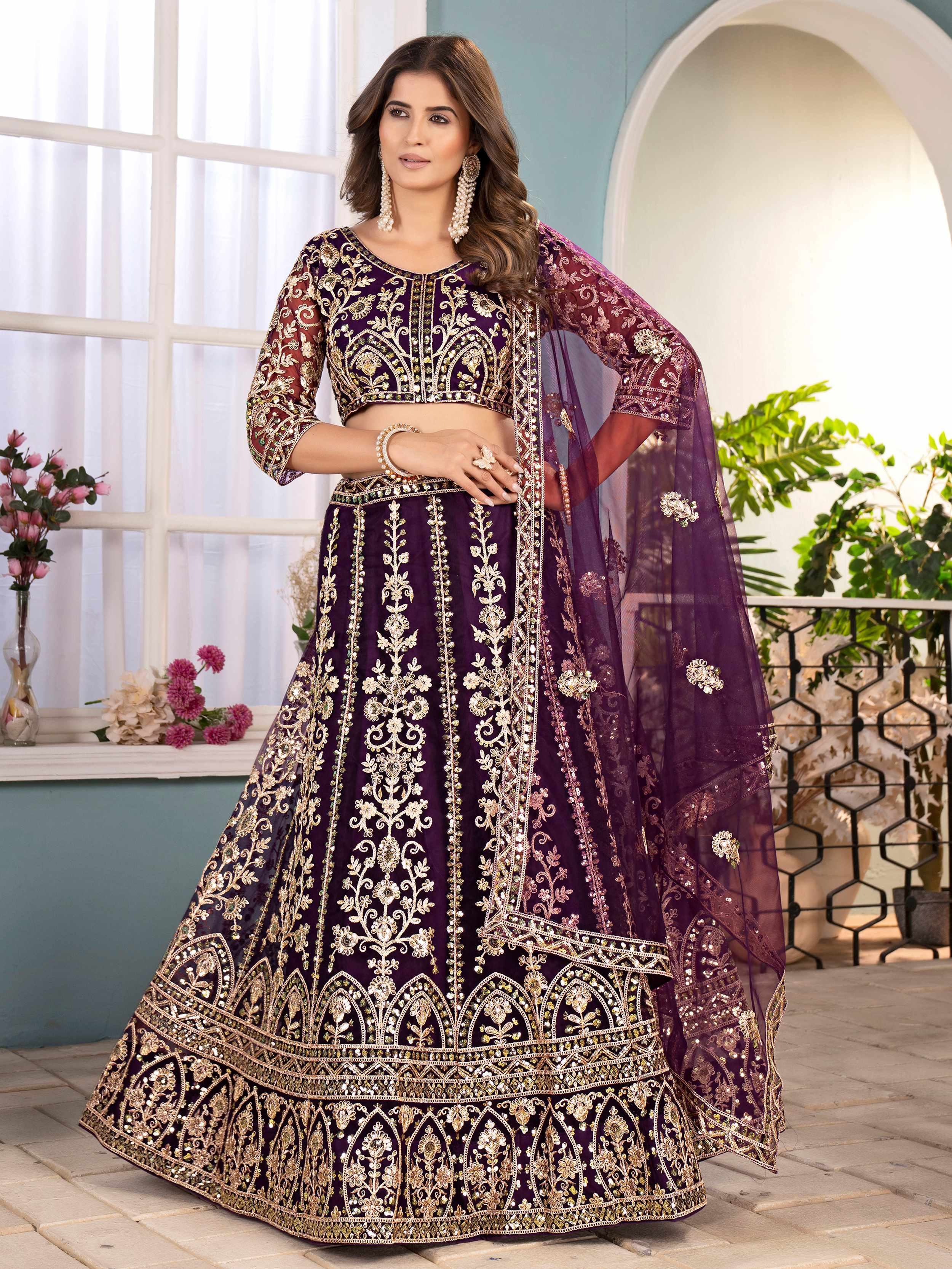 Wine Captivating Net Sequins Embroidered Bridesmaid Lehenga Choli