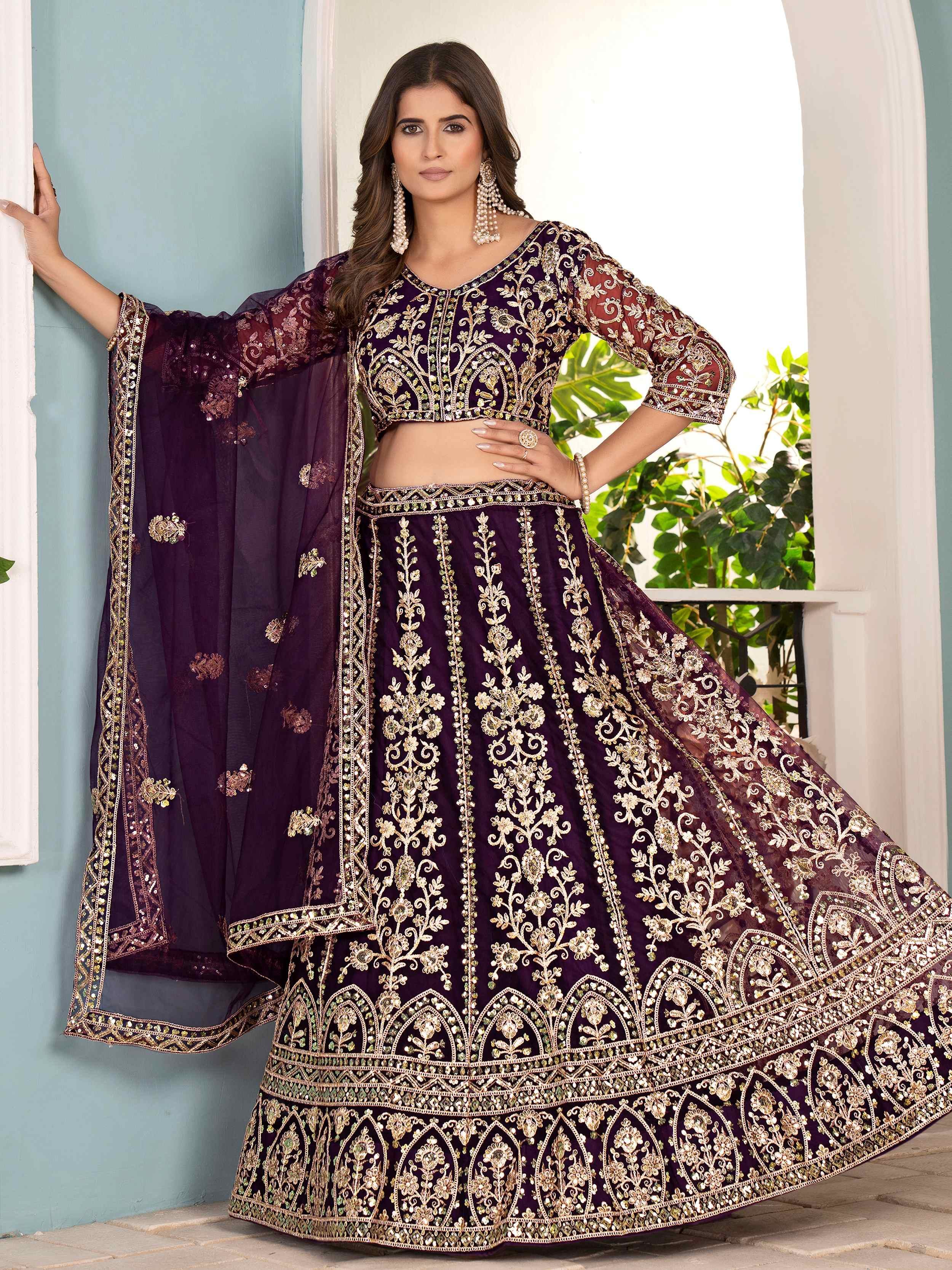 Wine Captivating Net Sequins Embroidered Bridesmaid Lehenga Choli