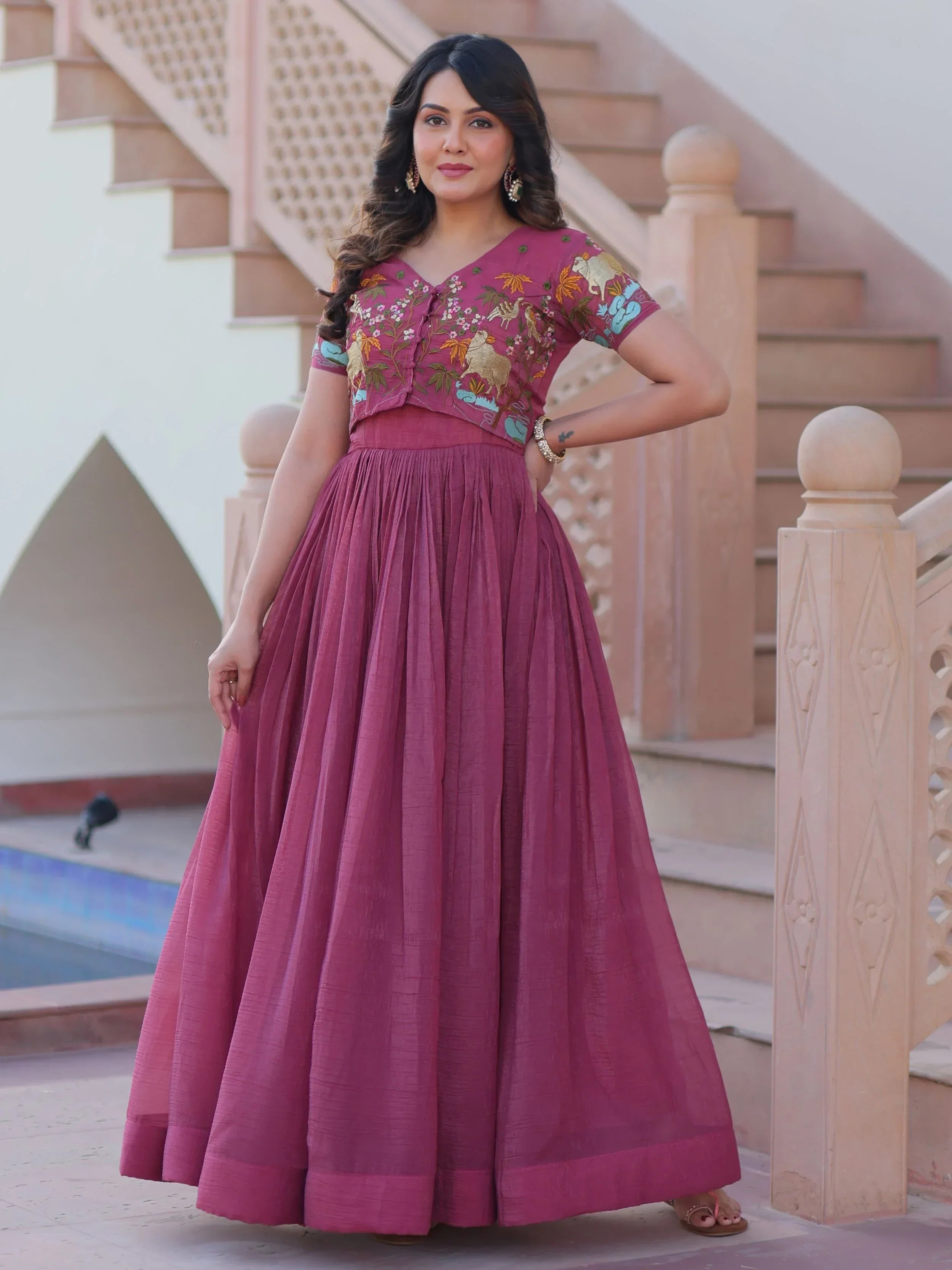 Pink Classy Onion Organza Embroidered Festival Wear Gown With Koti