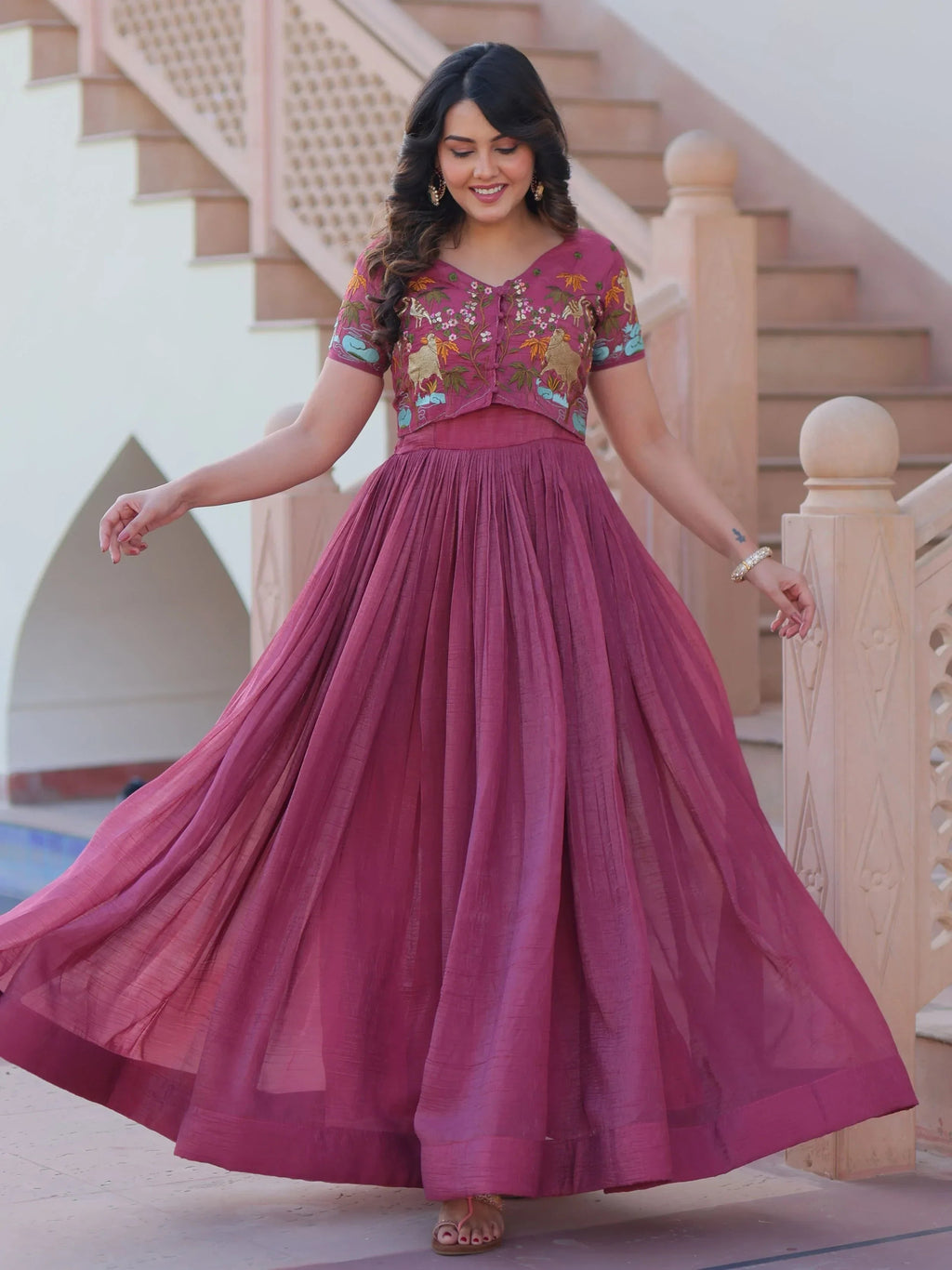 Pink Classy Onion Organza Embroidered Festival Wear Gown With Koti