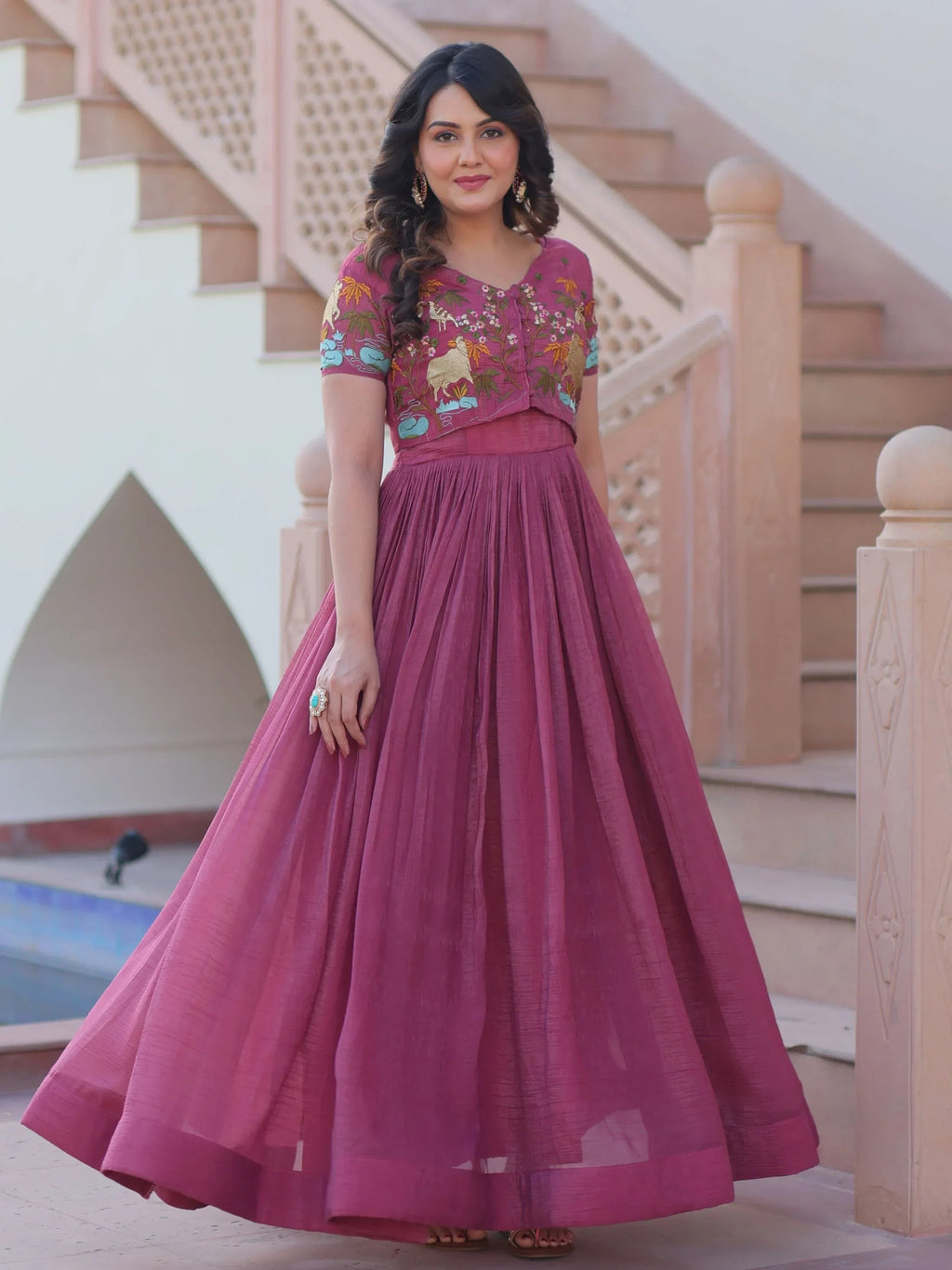 Pink Classy Onion Organza Embroidered Festival Wear Gown With Koti