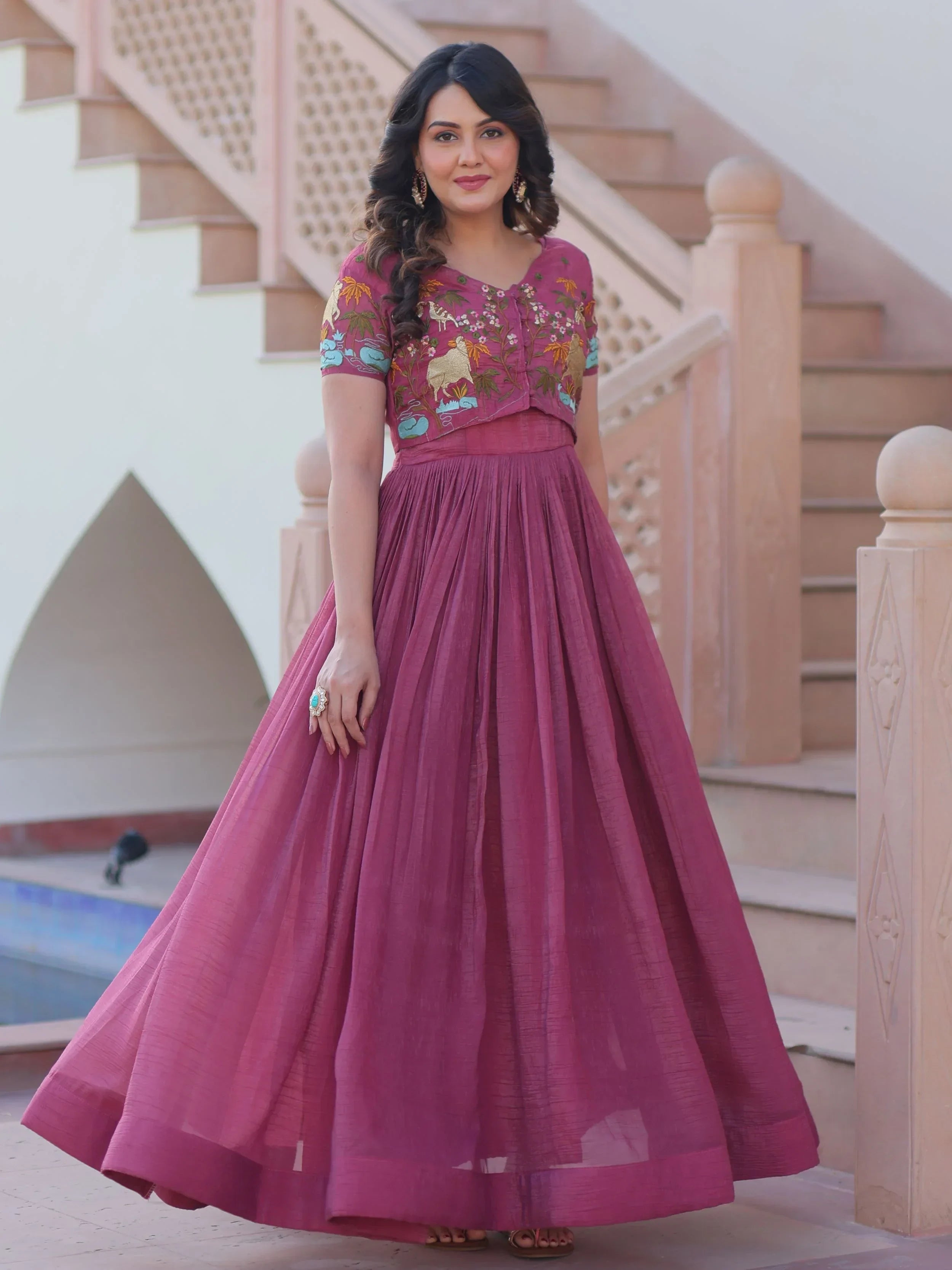 Pink Classy Onion Organza Embroidered Festival Wear Gown With Koti