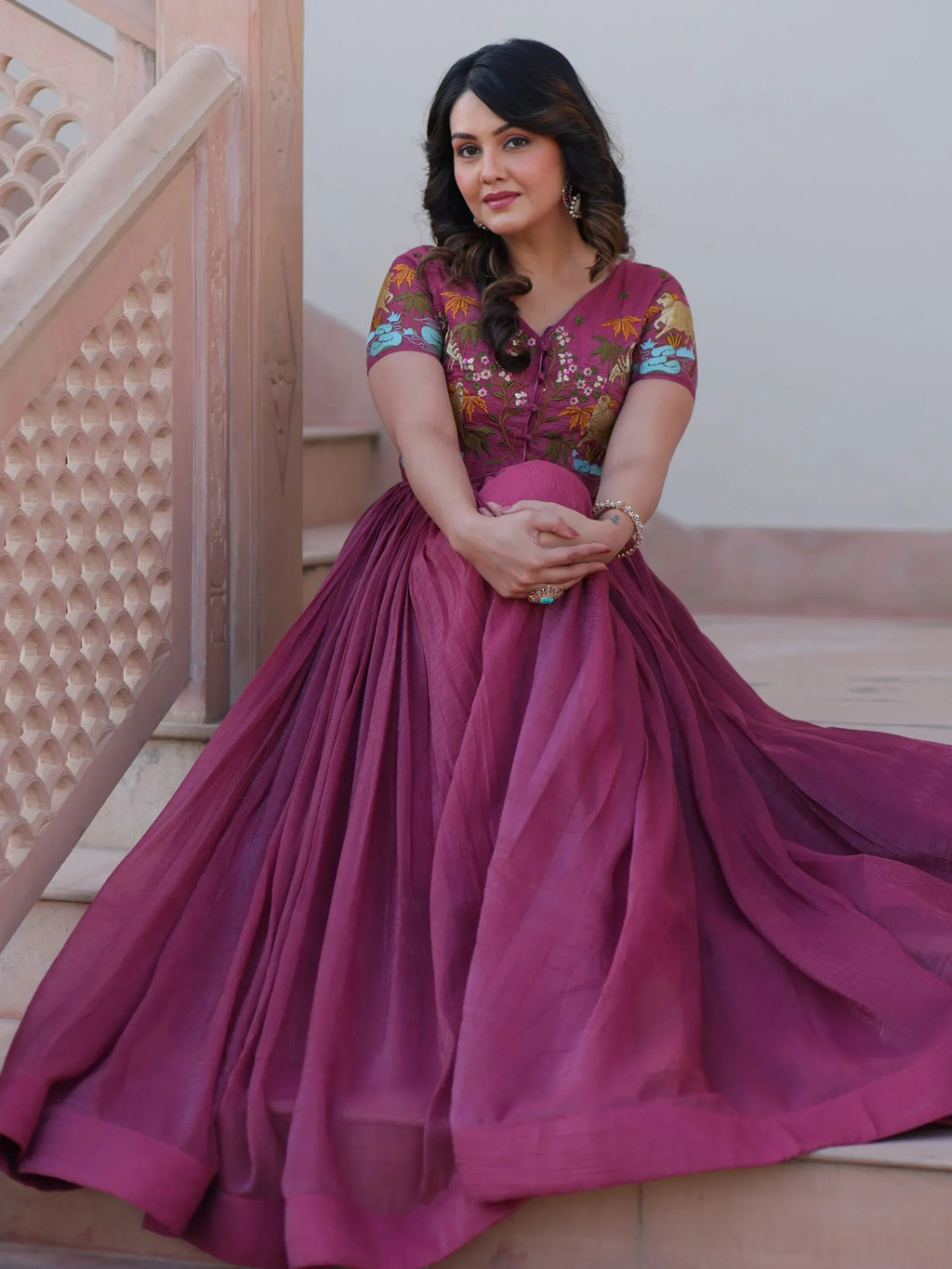 Pink Classy Onion Organza Embroidered Festival Wear Gown With Koti