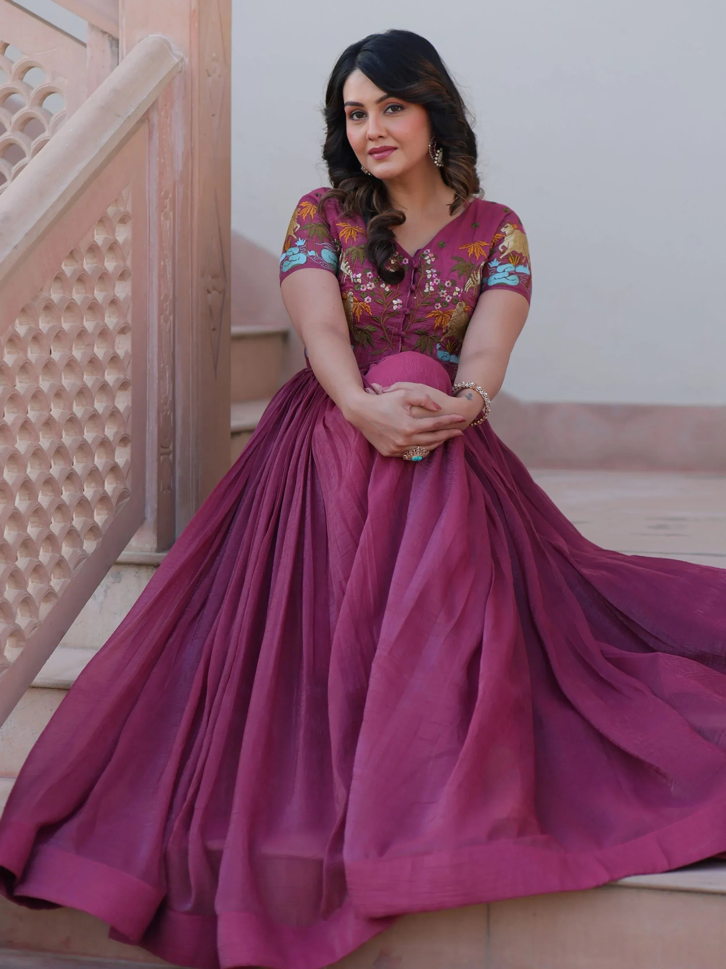 Pink Classy Onion Organza Embroidered Festival Wear Gown With Koti