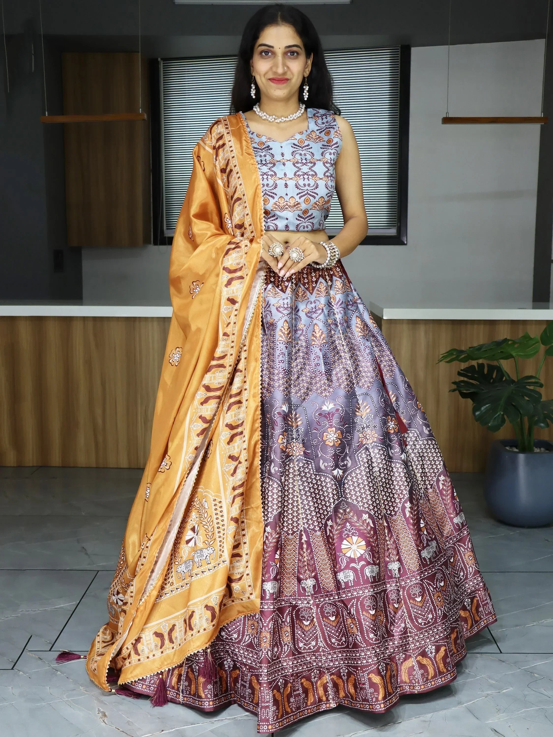 Grey Sweet Printed Art Silk Event Wear Lehenga Choli With Dupatta