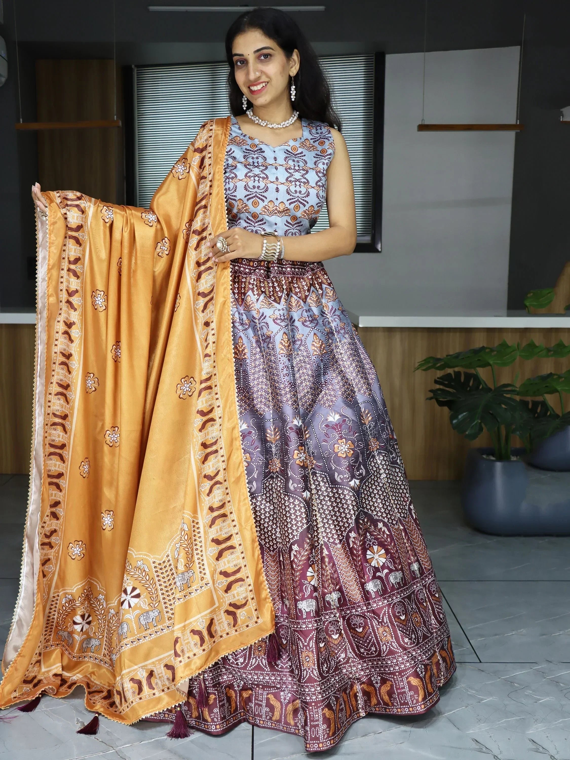 Grey Sweet Printed Art Silk Event Wear Lehenga Choli With Dupatta