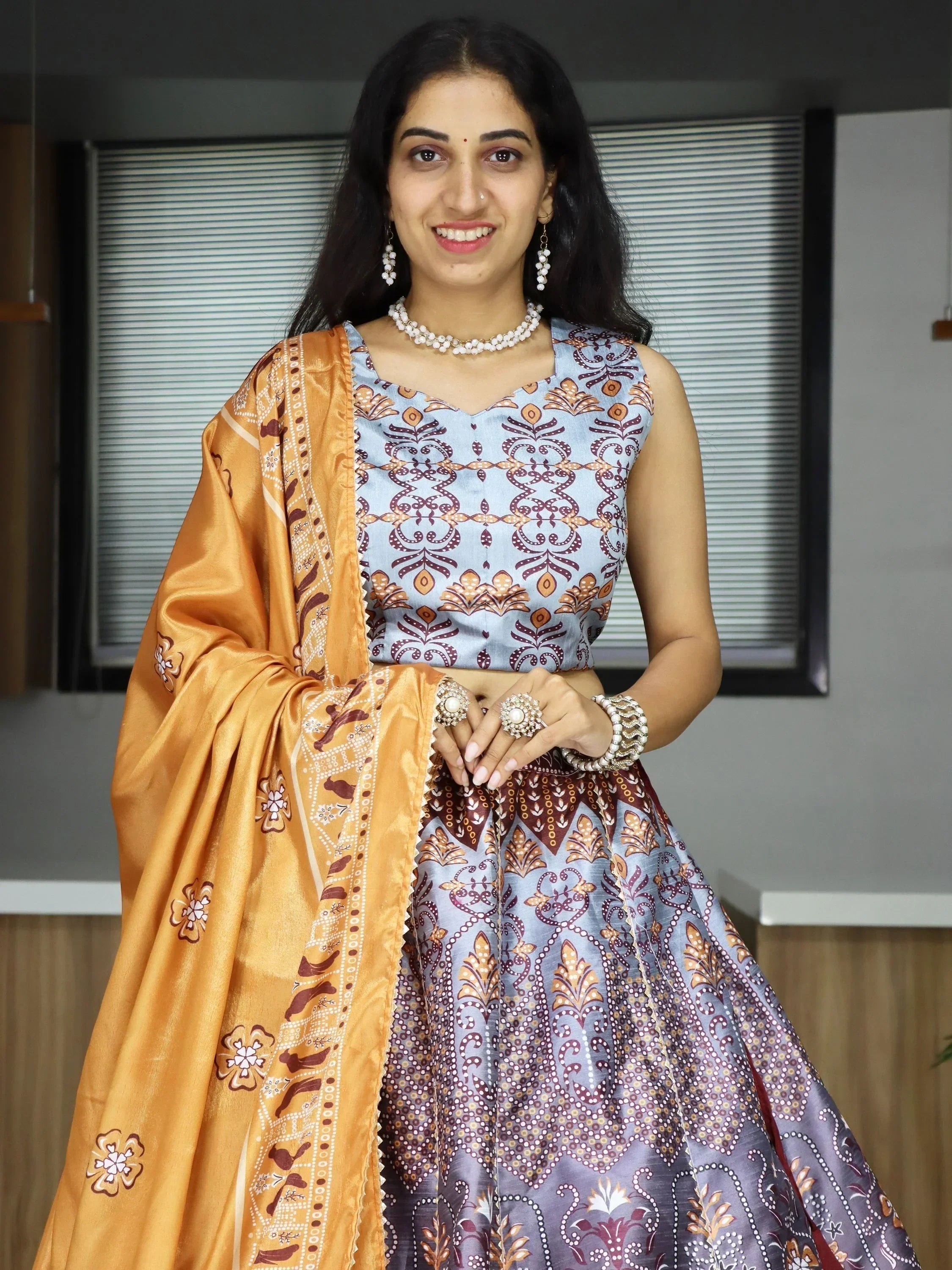 Grey Sweet Printed Art Silk Event Wear Lehenga Choli With Dupatta