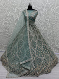 Blue Wonderful Zircon Work Net Bridesmaid Lehenga Choli With Dupatta