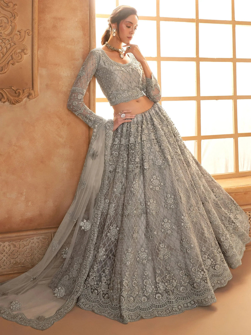 Wonderful Grey Embroidered Net Engagement Wear Lehenga Choli