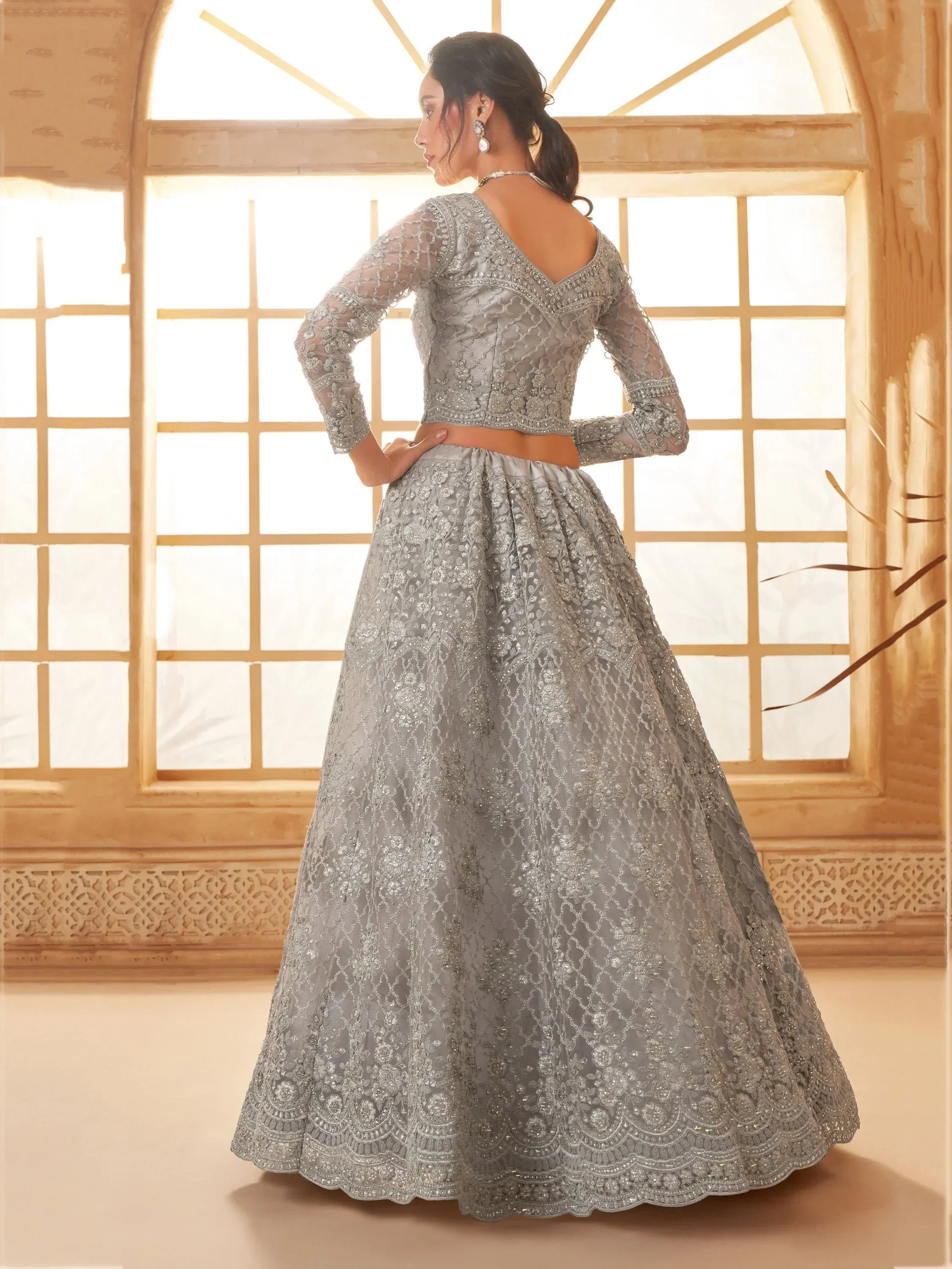 Wonderful Grey Embroidered Net Engagement Wear Lehenga Choli