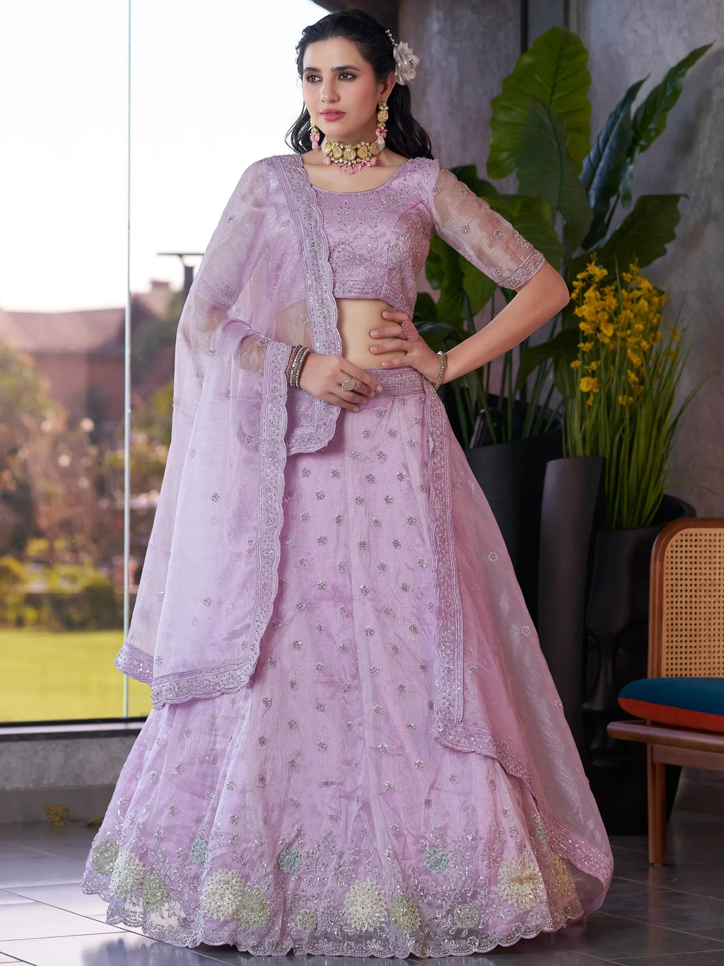 Wonderful Lavender Jarkan Work Organza Designer Lehenga Choli