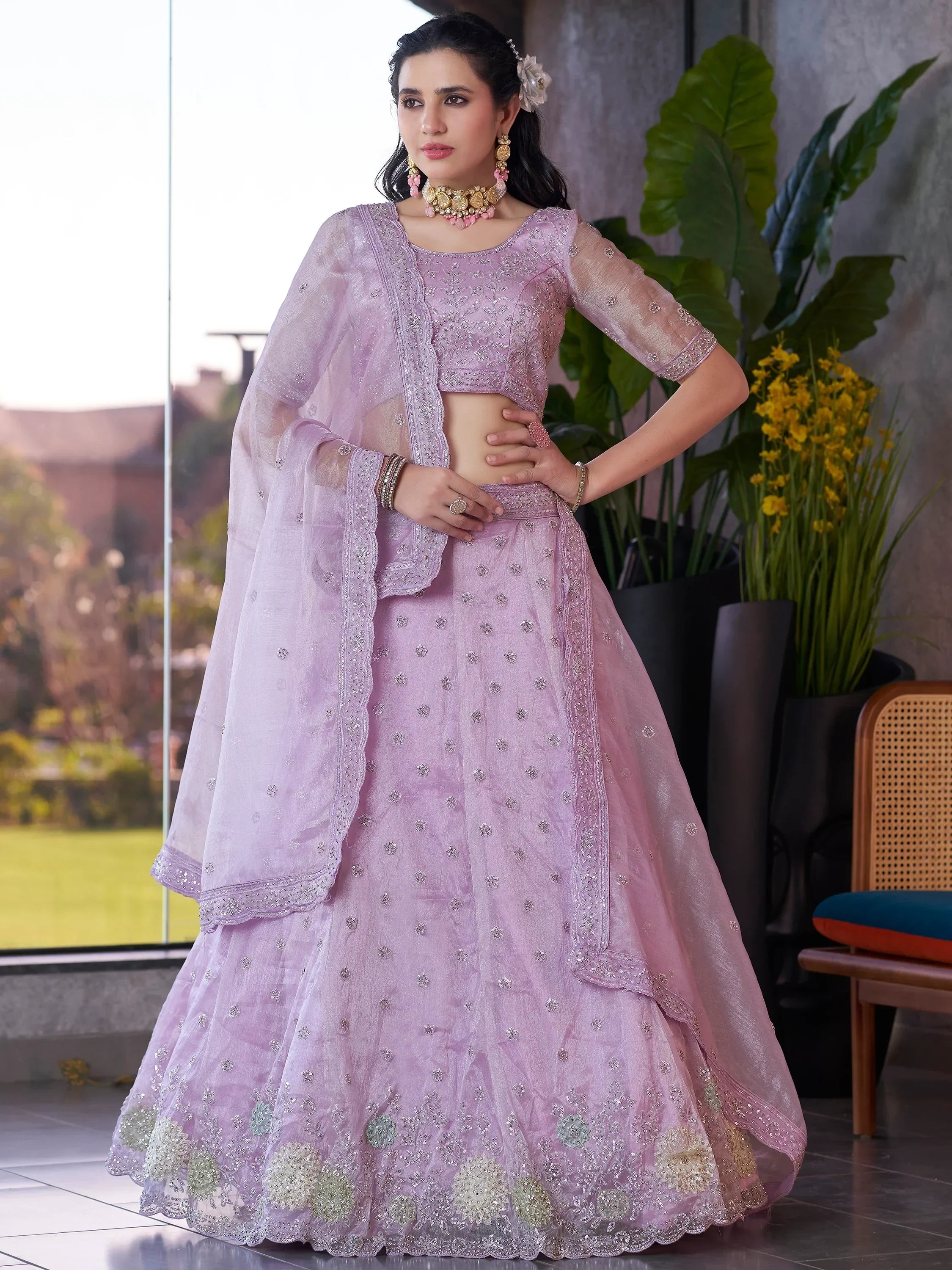 Wonderful Lavender Jarkan Work Organza Designer Lehenga Choli