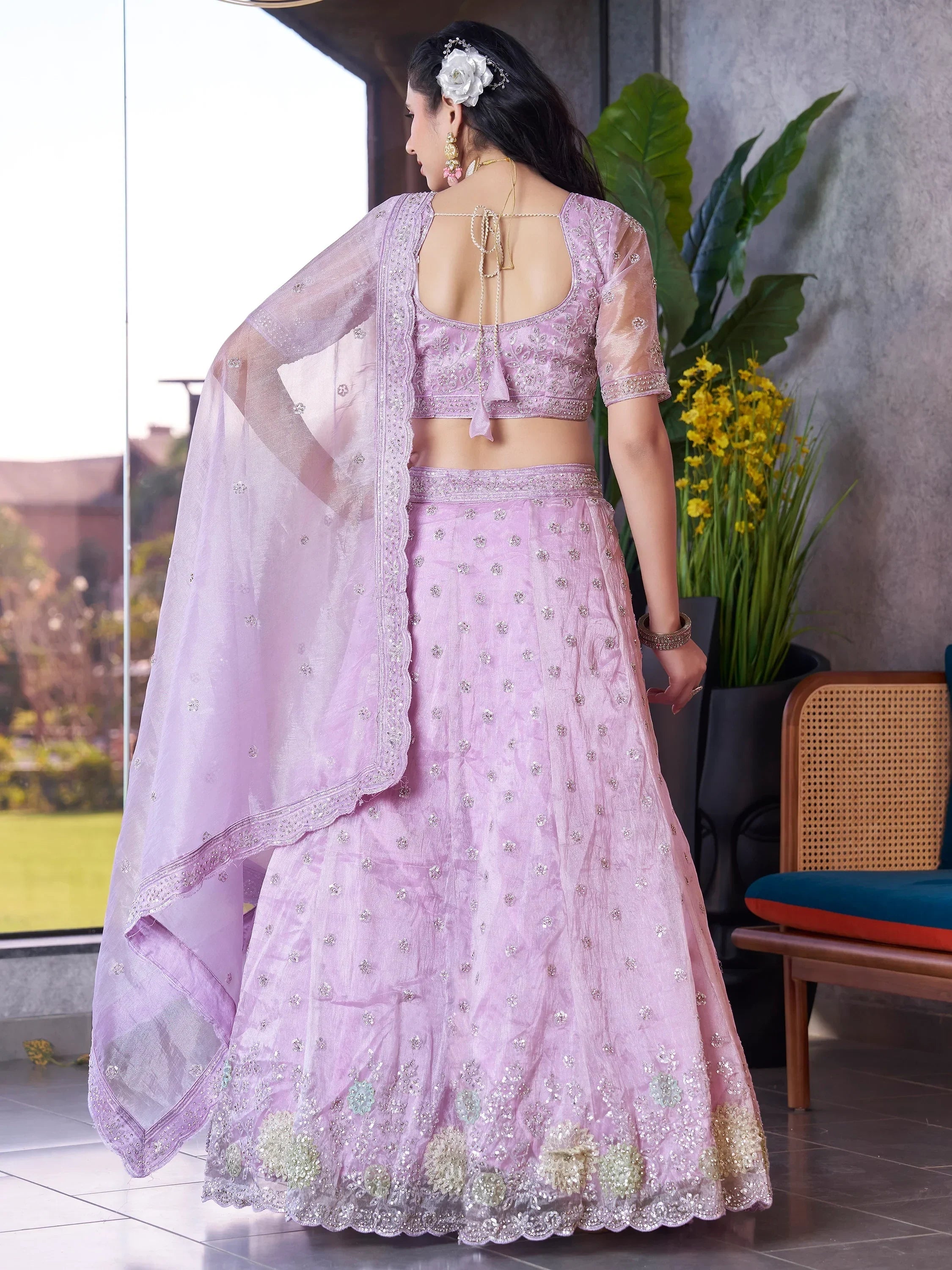 Wonderful Lavender Jarkan Work Organza Designer Lehenga Choli
