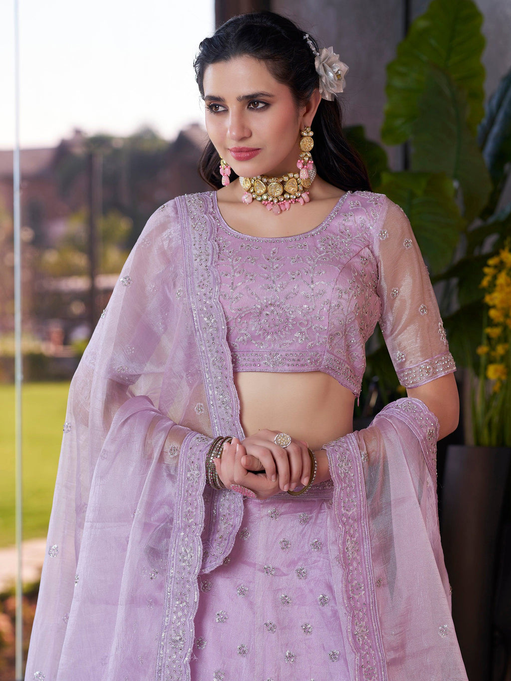 Wonderful Lavender Jarkan Work Organza Designer Lehenga Choli