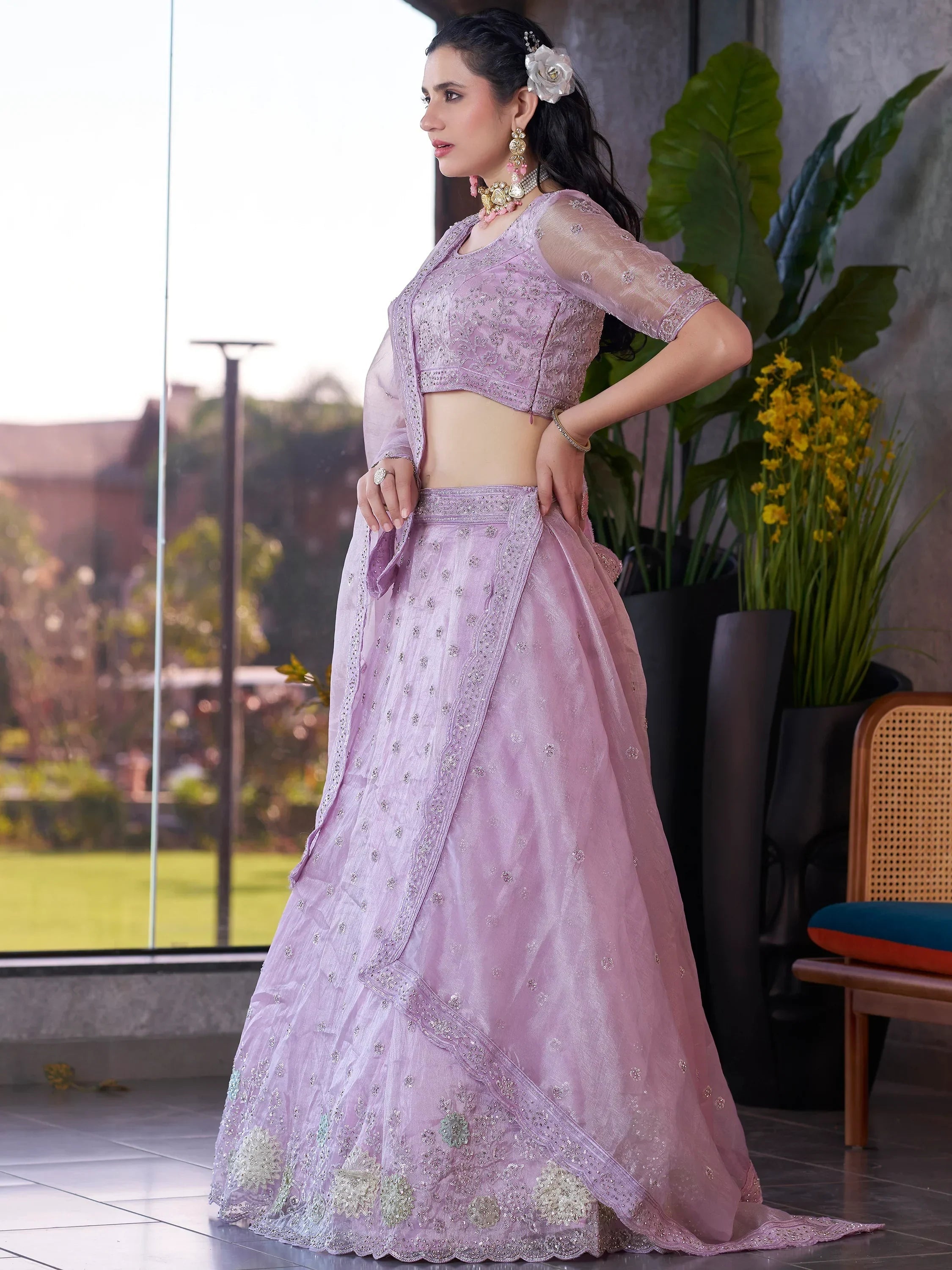 Wonderful Lavender Jarkan Work Organza Designer Lehenga Choli