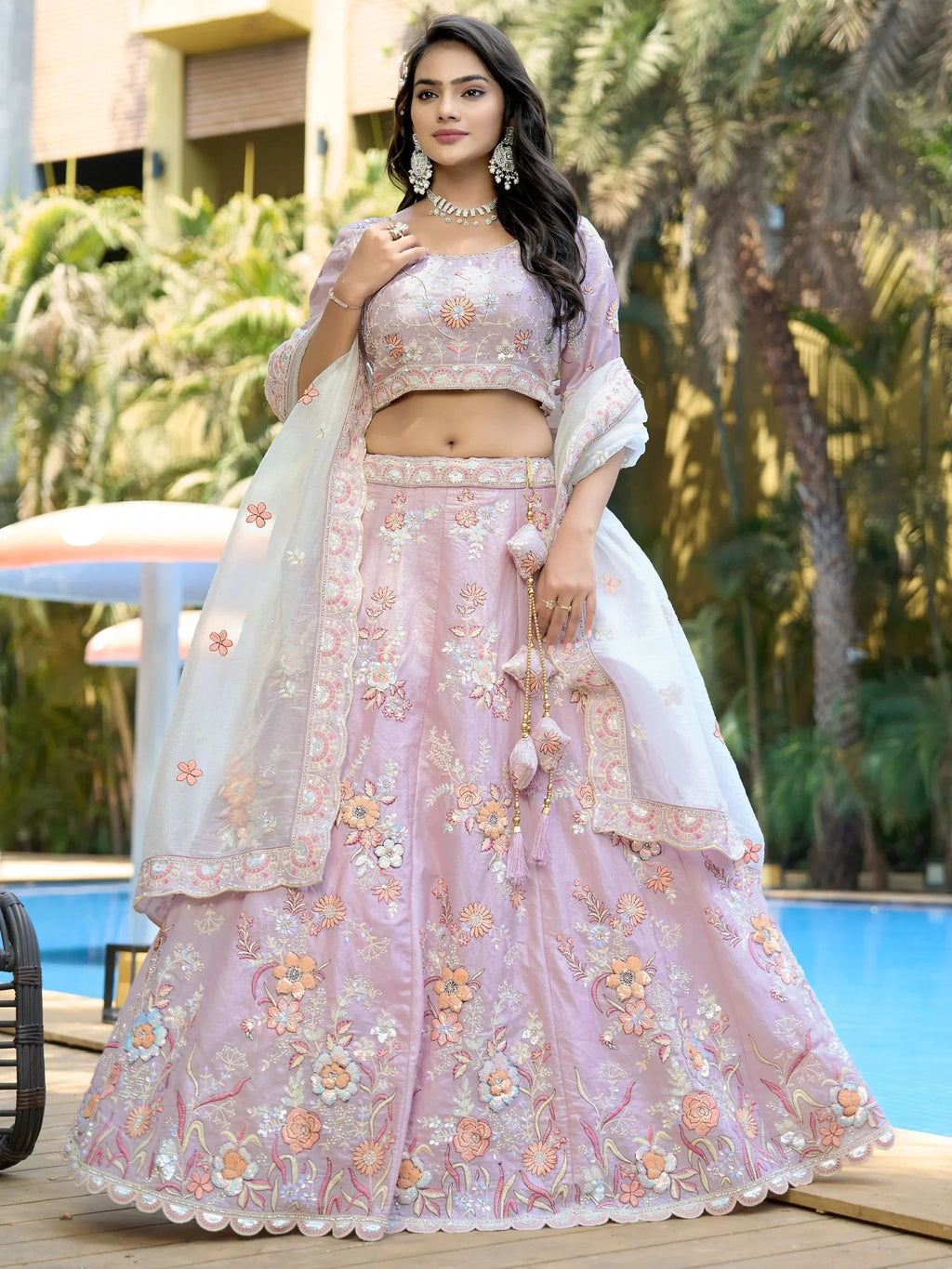 Wonderful Lavender Thread Work Organza Event Wear Lehenga Choli