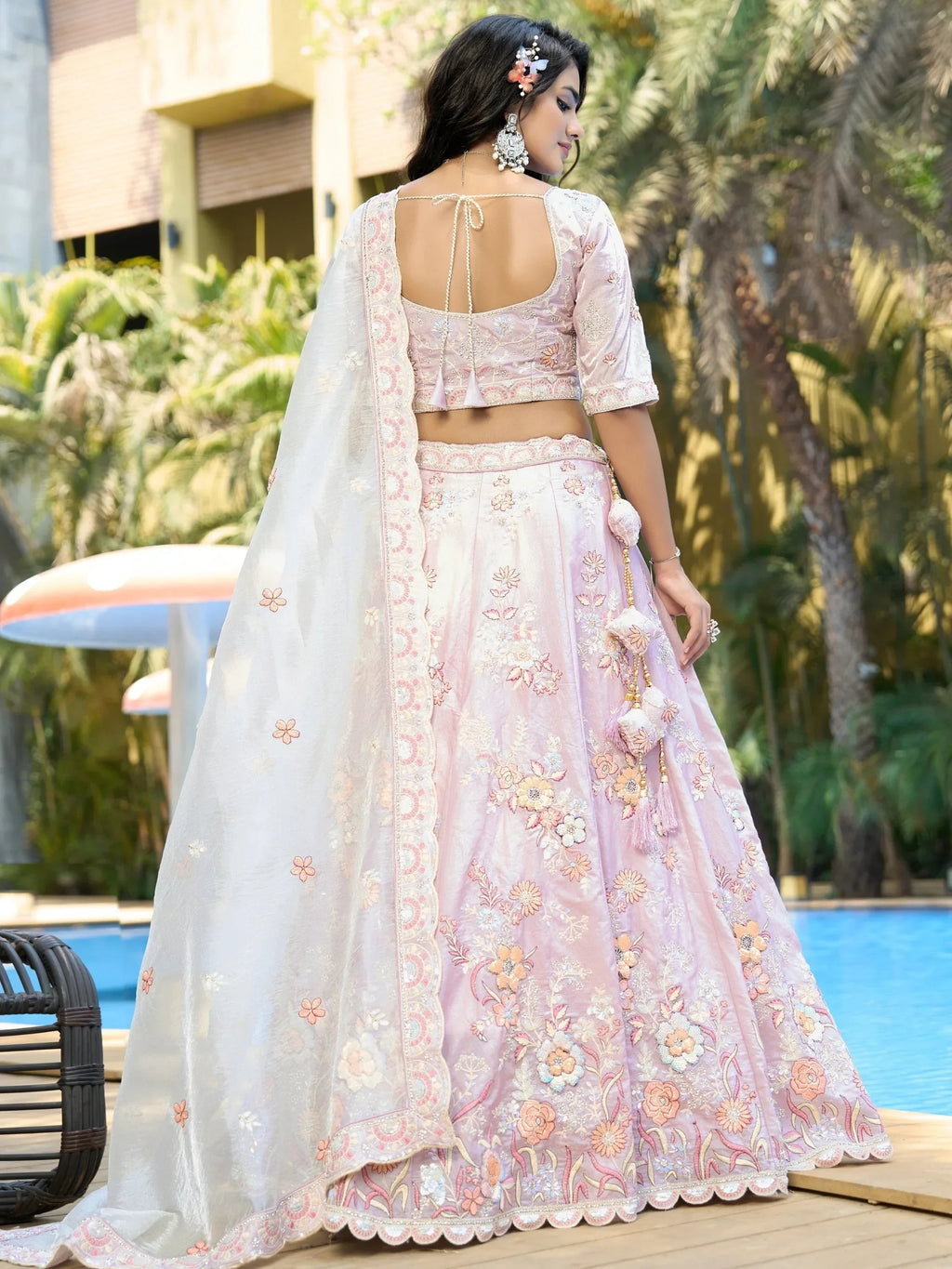 Wonderful Lavender Thread Work Organza Event Wear Lehenga Choli