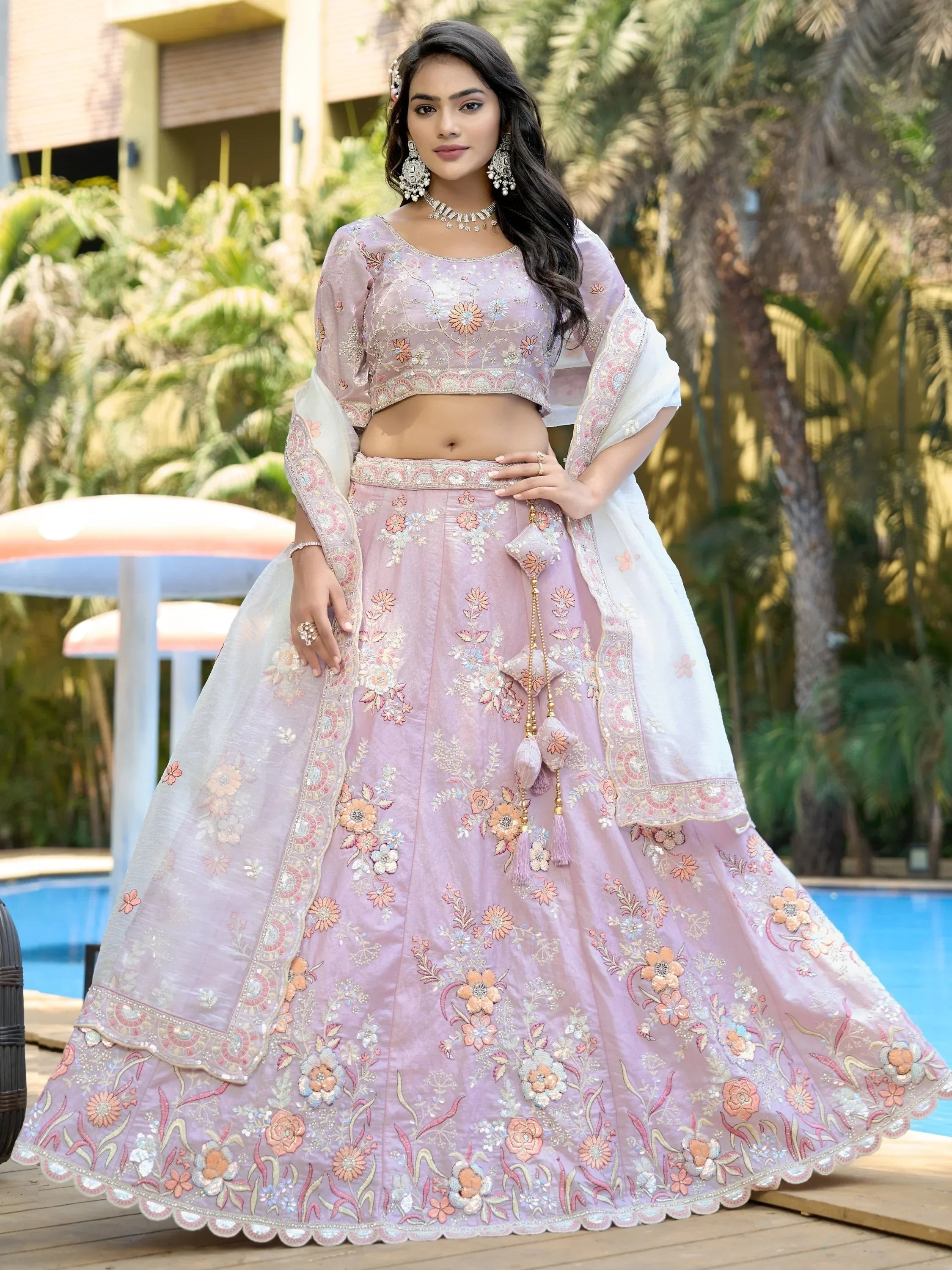 Wonderful Lavender Thread Work Organza Event Wear Lehenga Choli