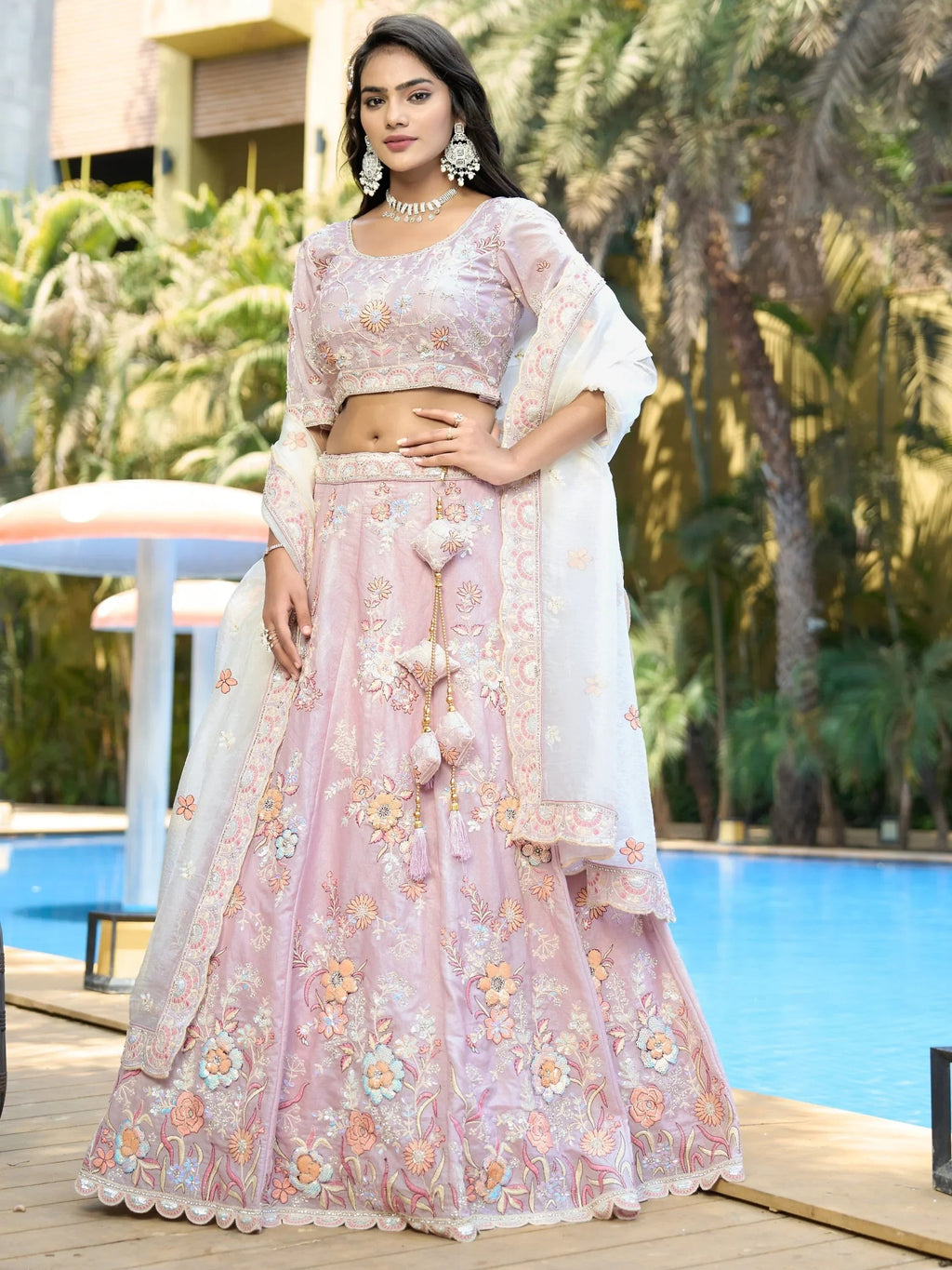 Wonderful Lavender Thread Work Organza Event Wear Lehenga Choli