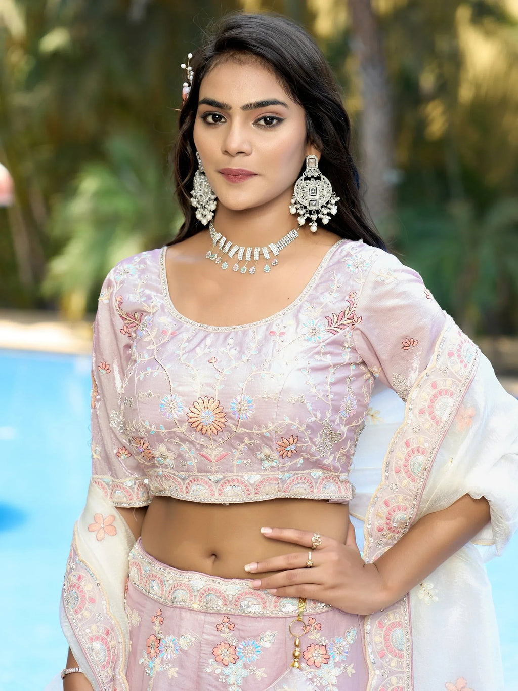 Wonderful Lavender Thread Work Organza Event Wear Lehenga Choli