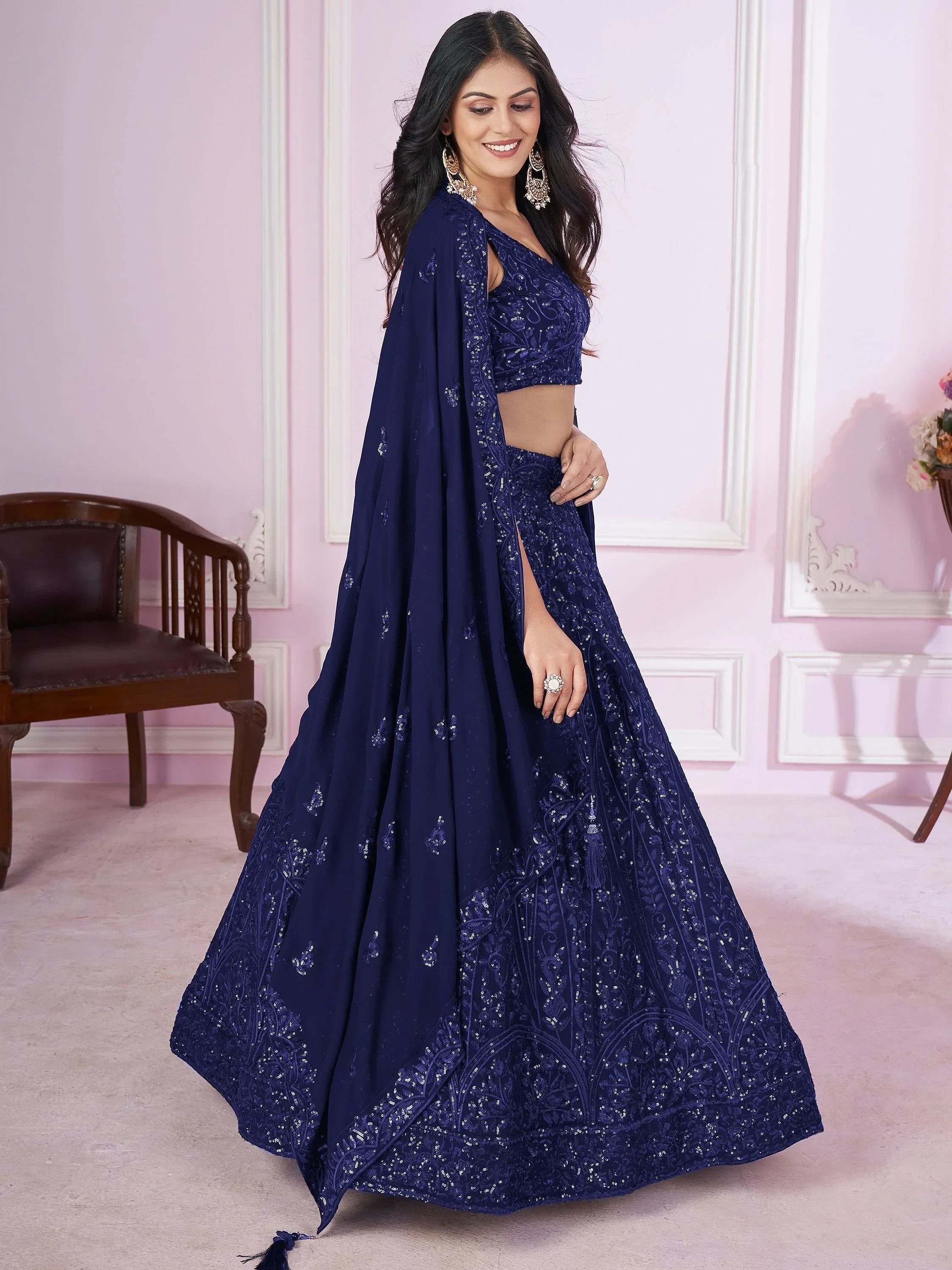 Wonderful Navy Blue Sequins Georgette Wedding Wear Lehenga Choli