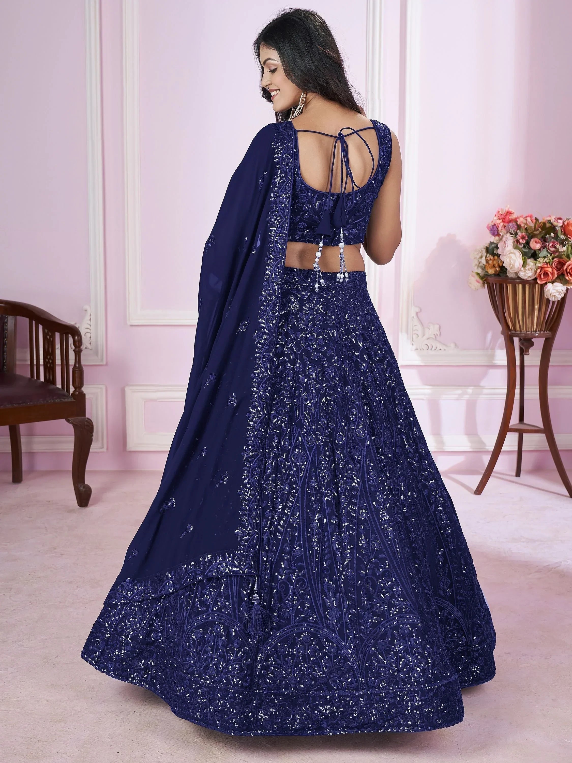 Wonderful Navy Blue Sequins Georgette Wedding Wear Lehenga Choli
