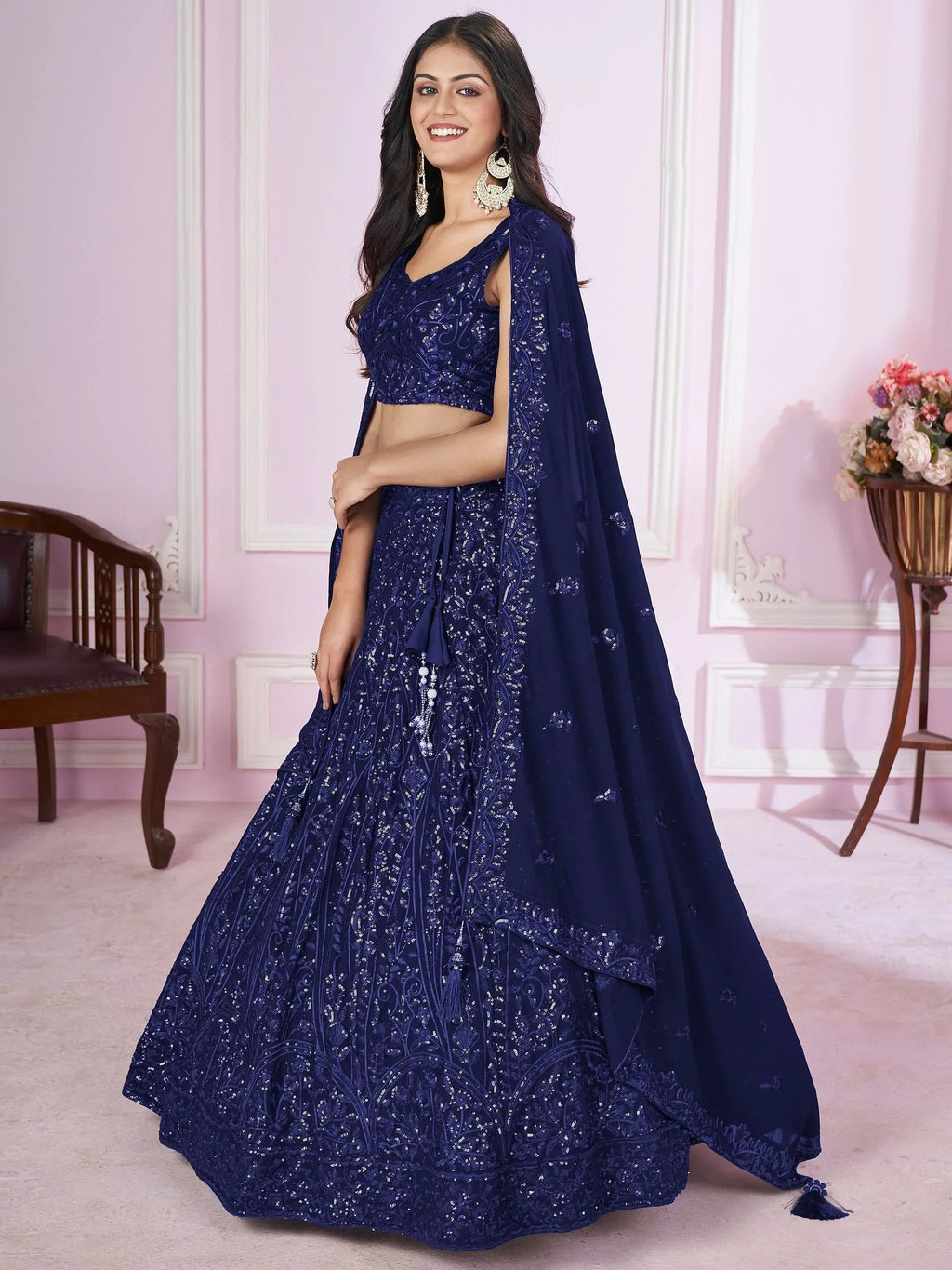 Wonderful Navy Blue Sequins Georgette Wedding Wear Lehenga Choli