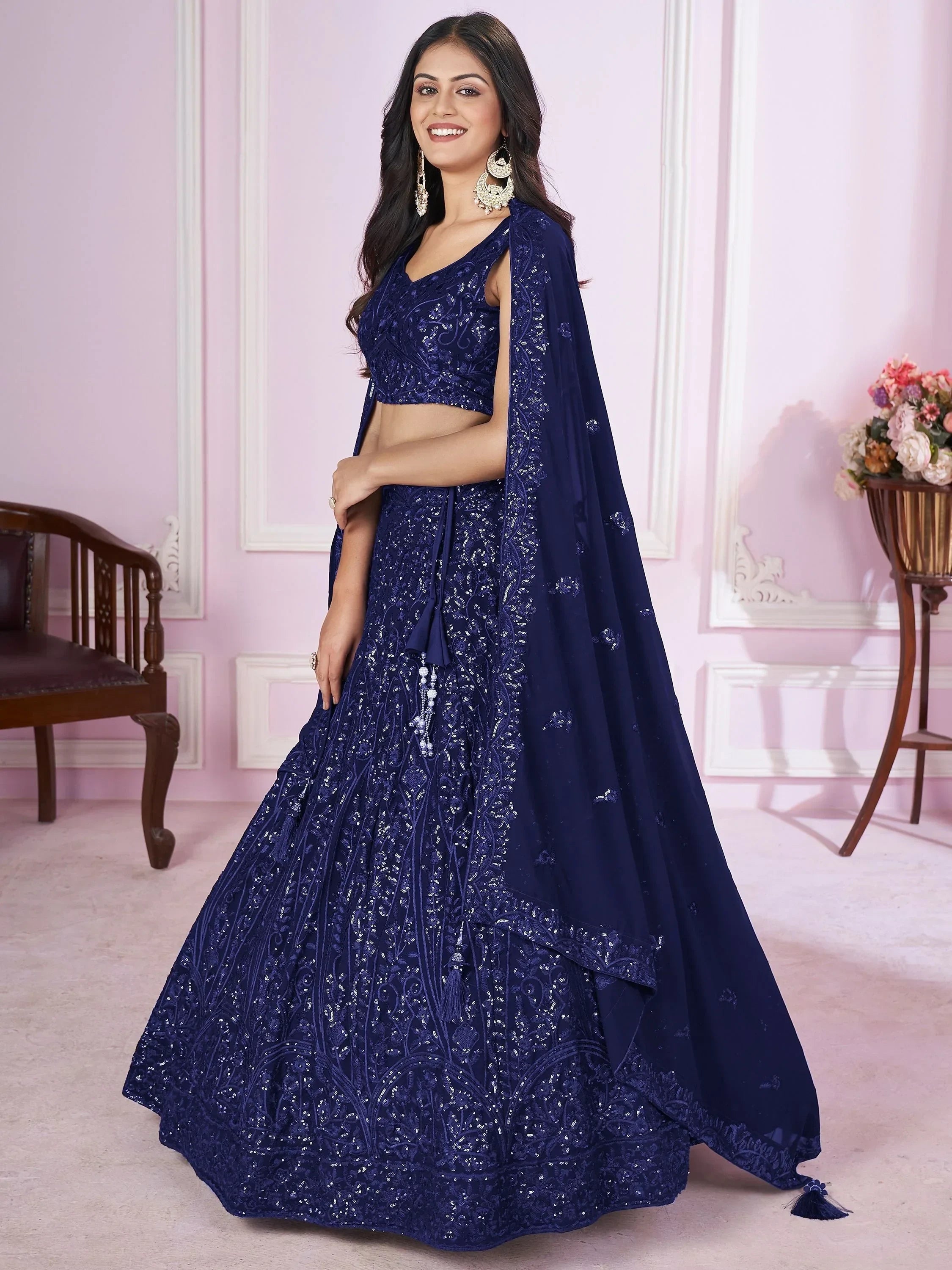 Wonderful Navy Blue Sequins Georgette Wedding Wear Lehenga Choli