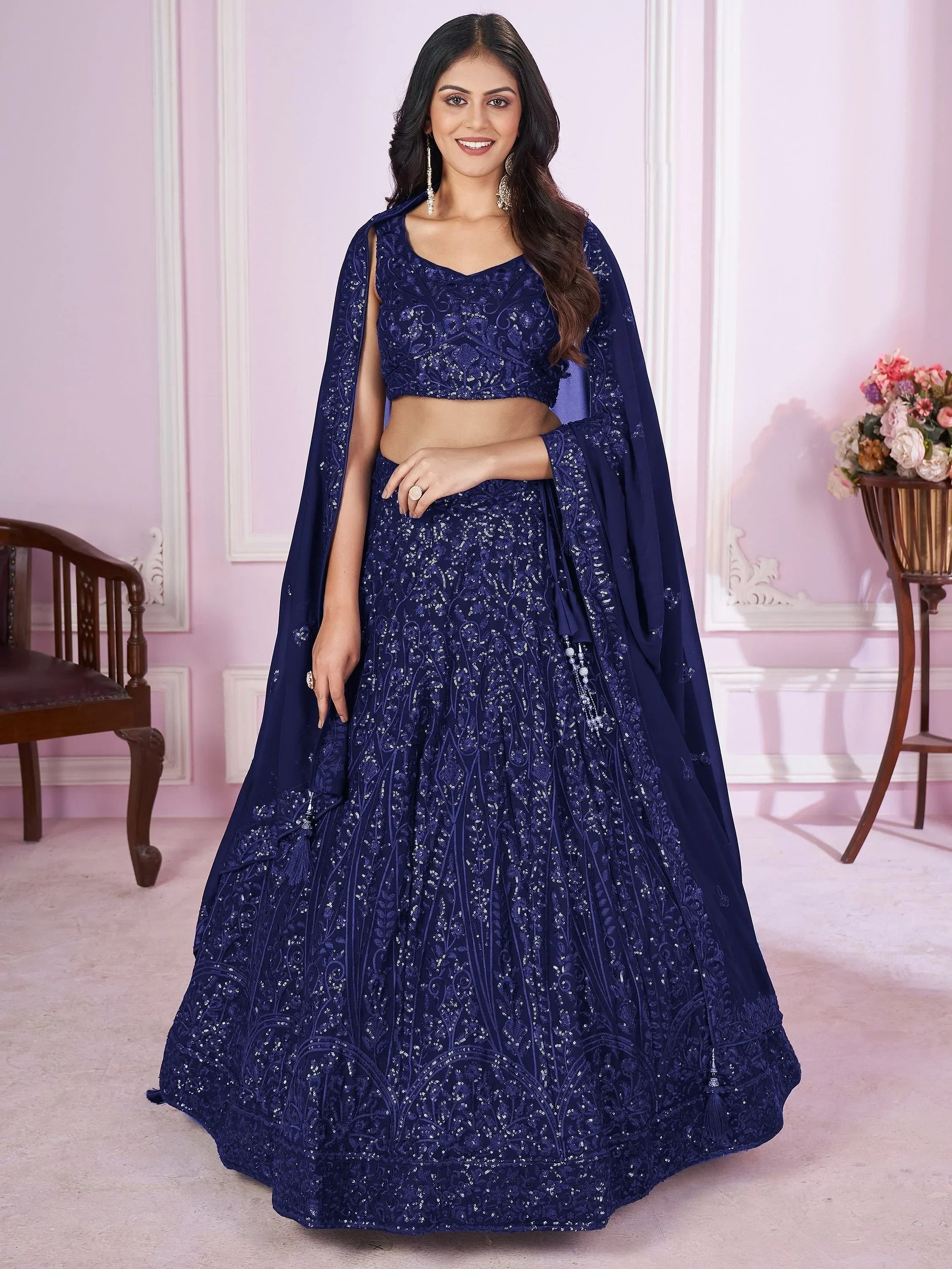 Wonderful Navy Blue Sequins Georgette Wedding Wear Lehenga Choli