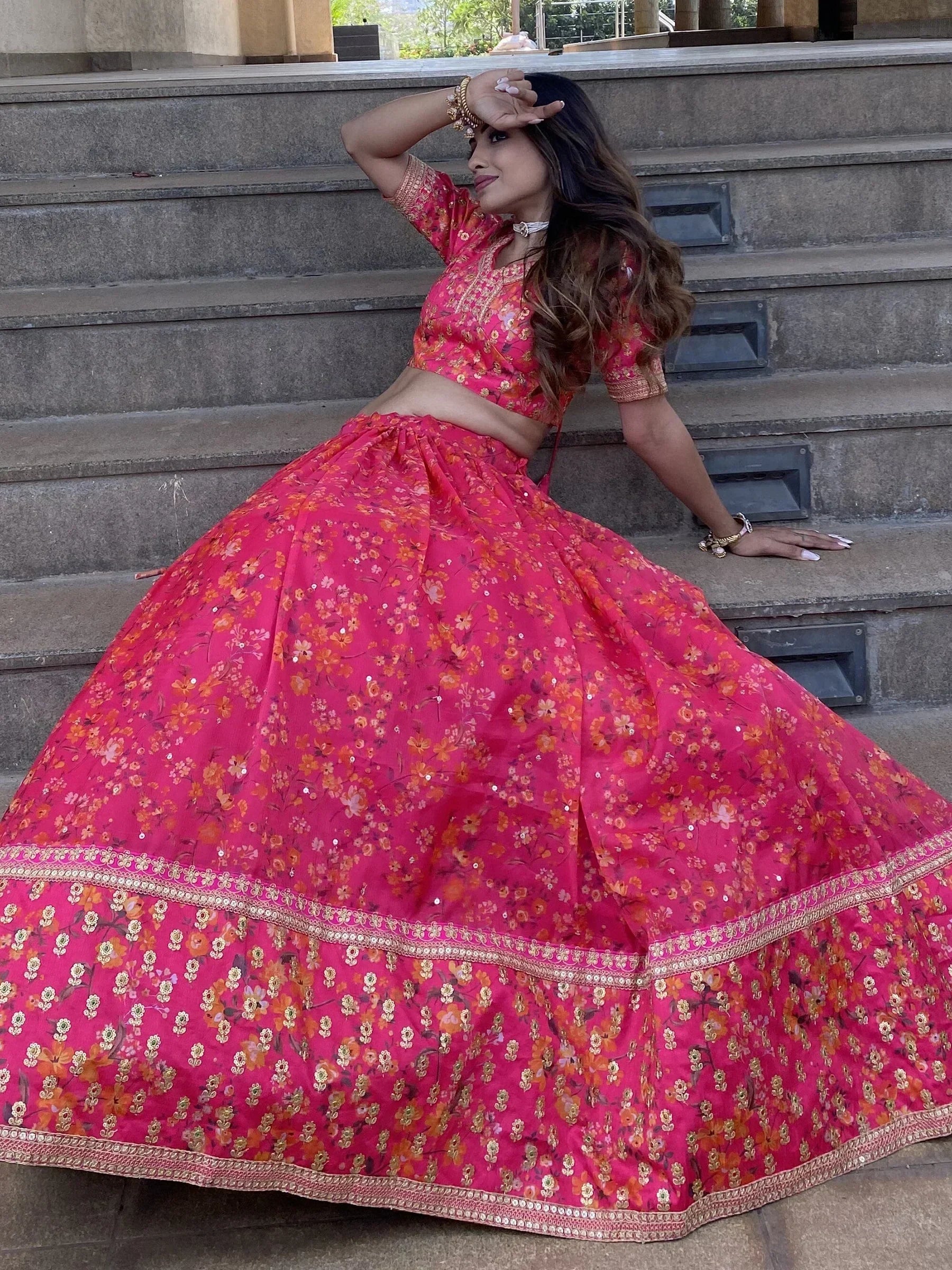 Wonderful Pink Floral Printed Organza Lehenga Choli With Dupatta