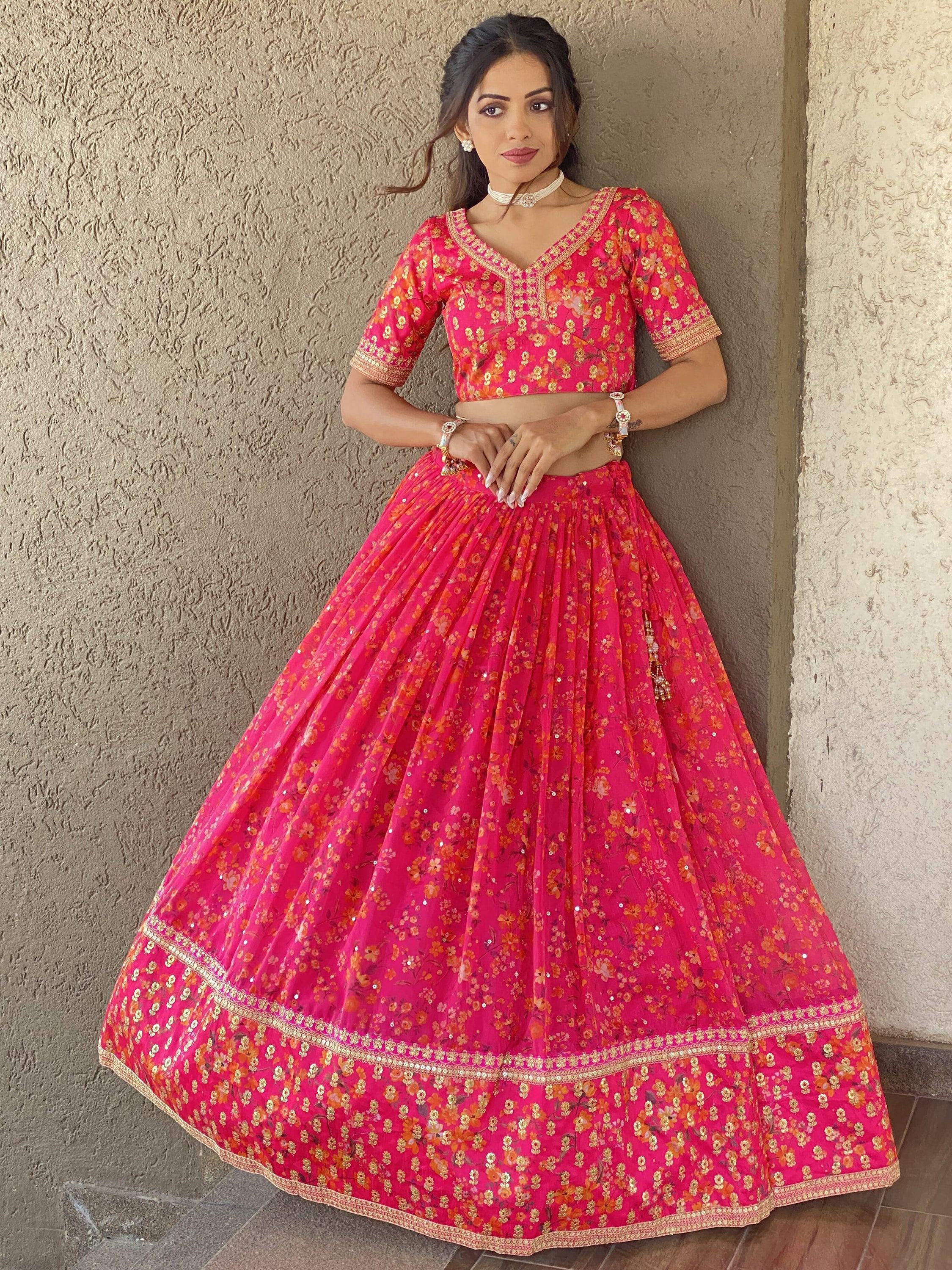 Wonderful Pink Floral Printed Organza Lehenga Choli With Dupatta