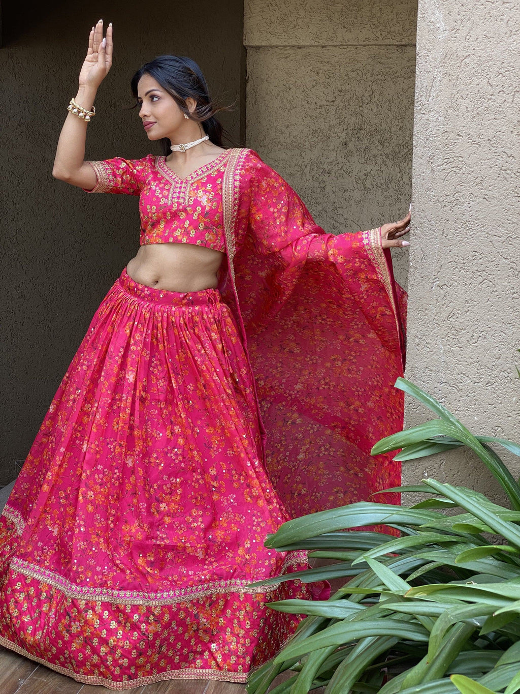 Wonderful Pink Floral Printed Organza Lehenga Choli With Dupatta