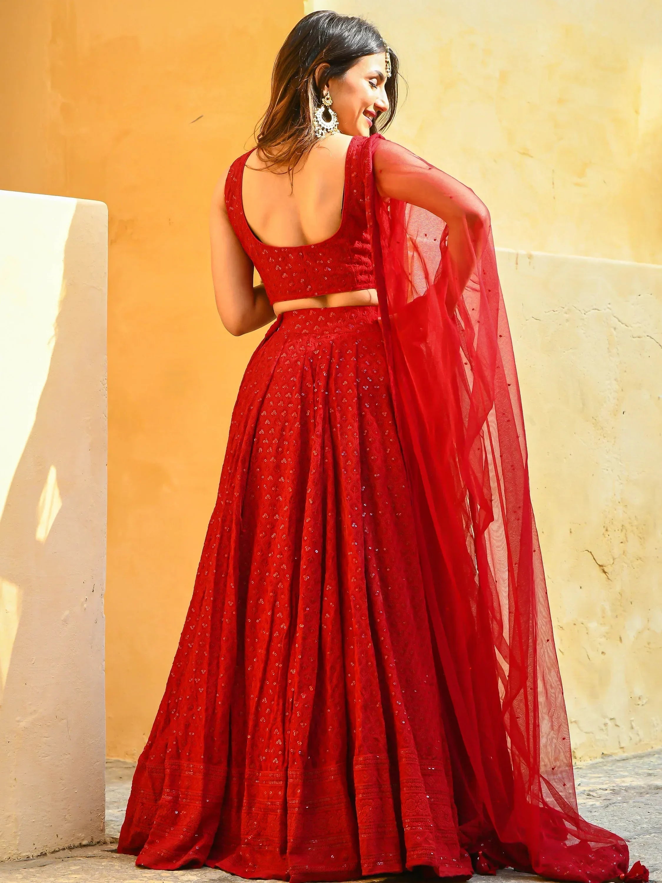 Red Sweet Sequins Georgette Reception Wear Lehenga Choli