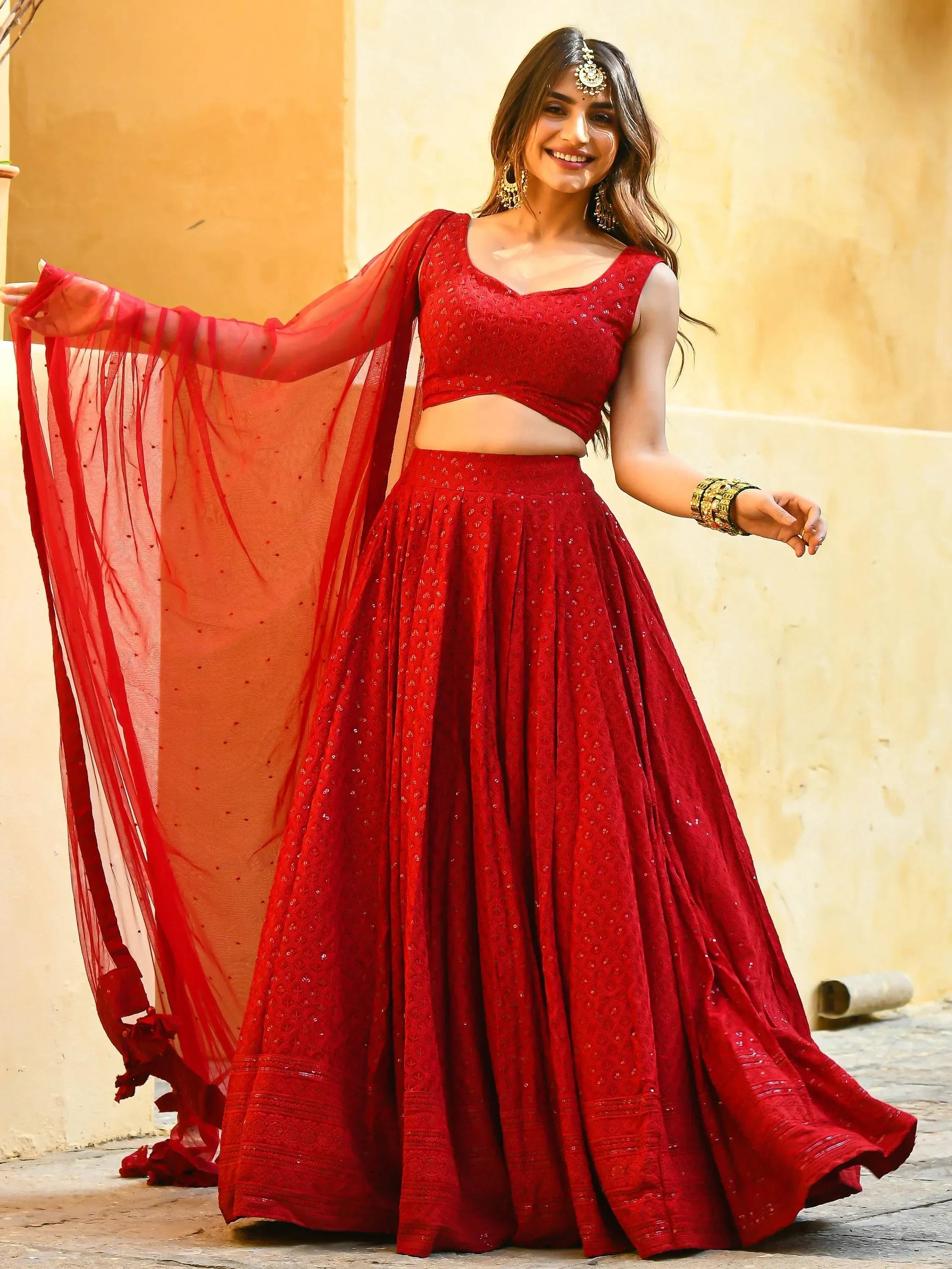 Red Sweet Sequins Georgette Reception Wear Lehenga Choli