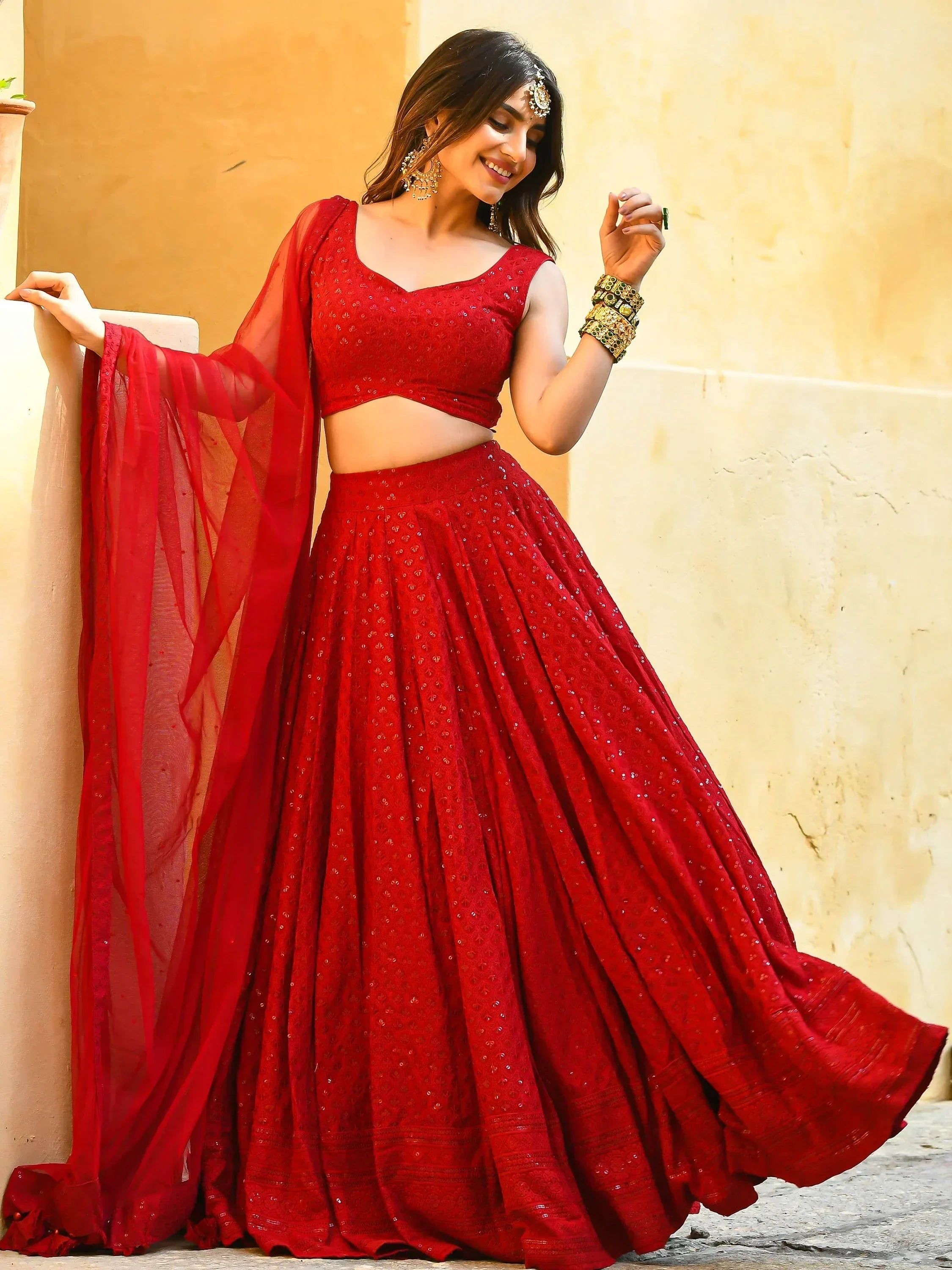 Red Sweet Sequins Georgette Reception Wear Lehenga Choli