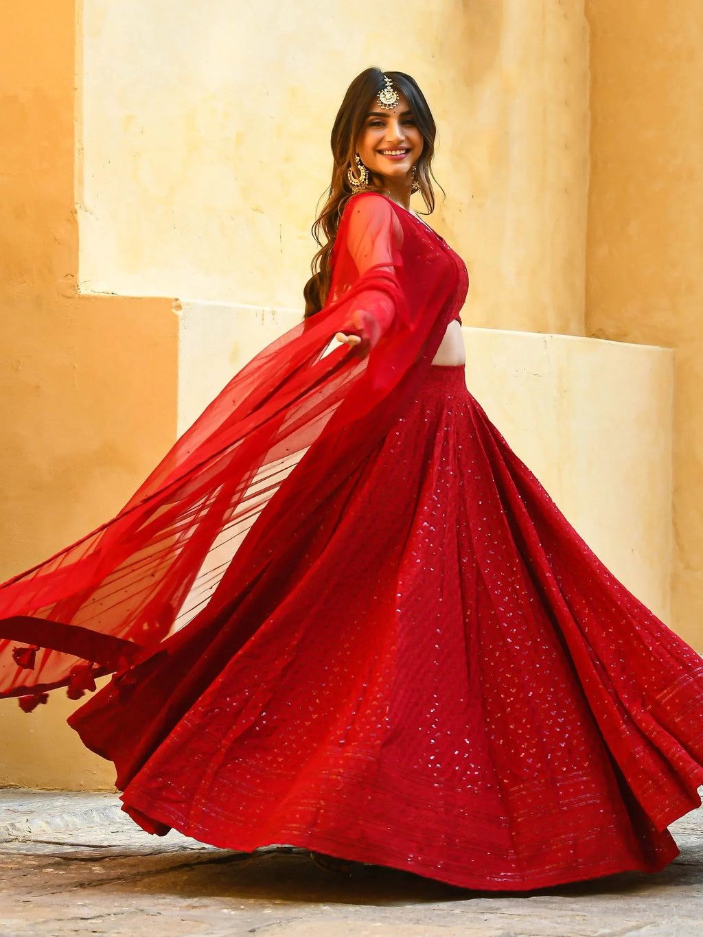 Red Sweet Sequins Georgette Reception Wear Lehenga Choli