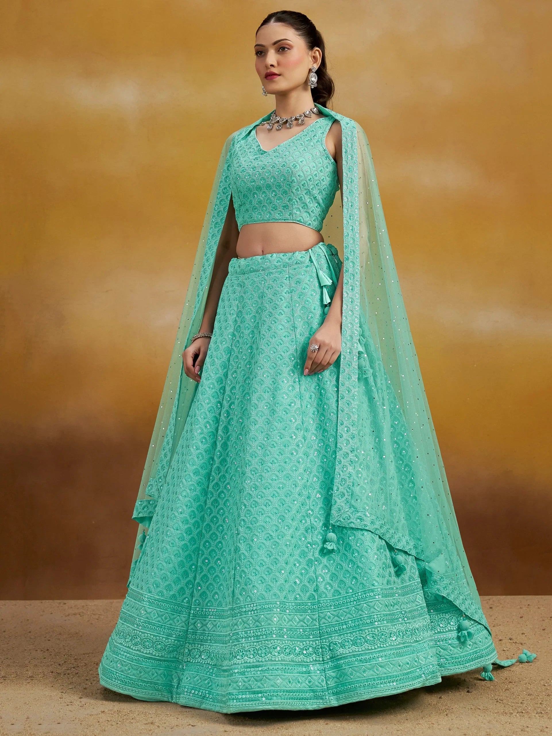 Sky Blue Sweet Sequins Georgette Reception Wear Lehenga Choli