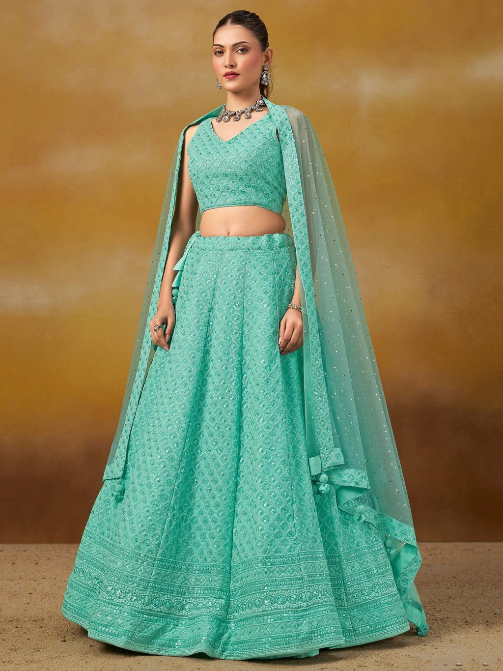 Sky Blue Sweet Sequins Georgette Reception Wear Lehenga Choli