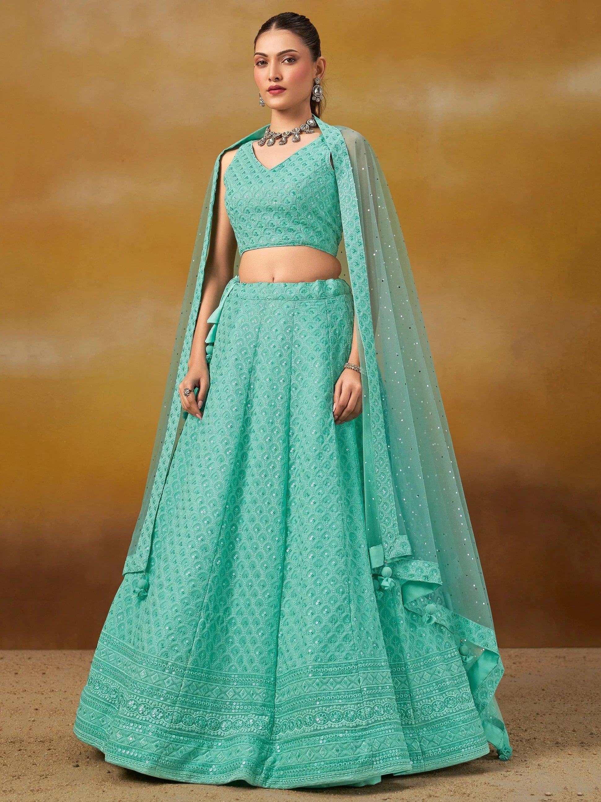 Sky Blue Sweet Sequins Georgette Reception Wear Lehenga Choli