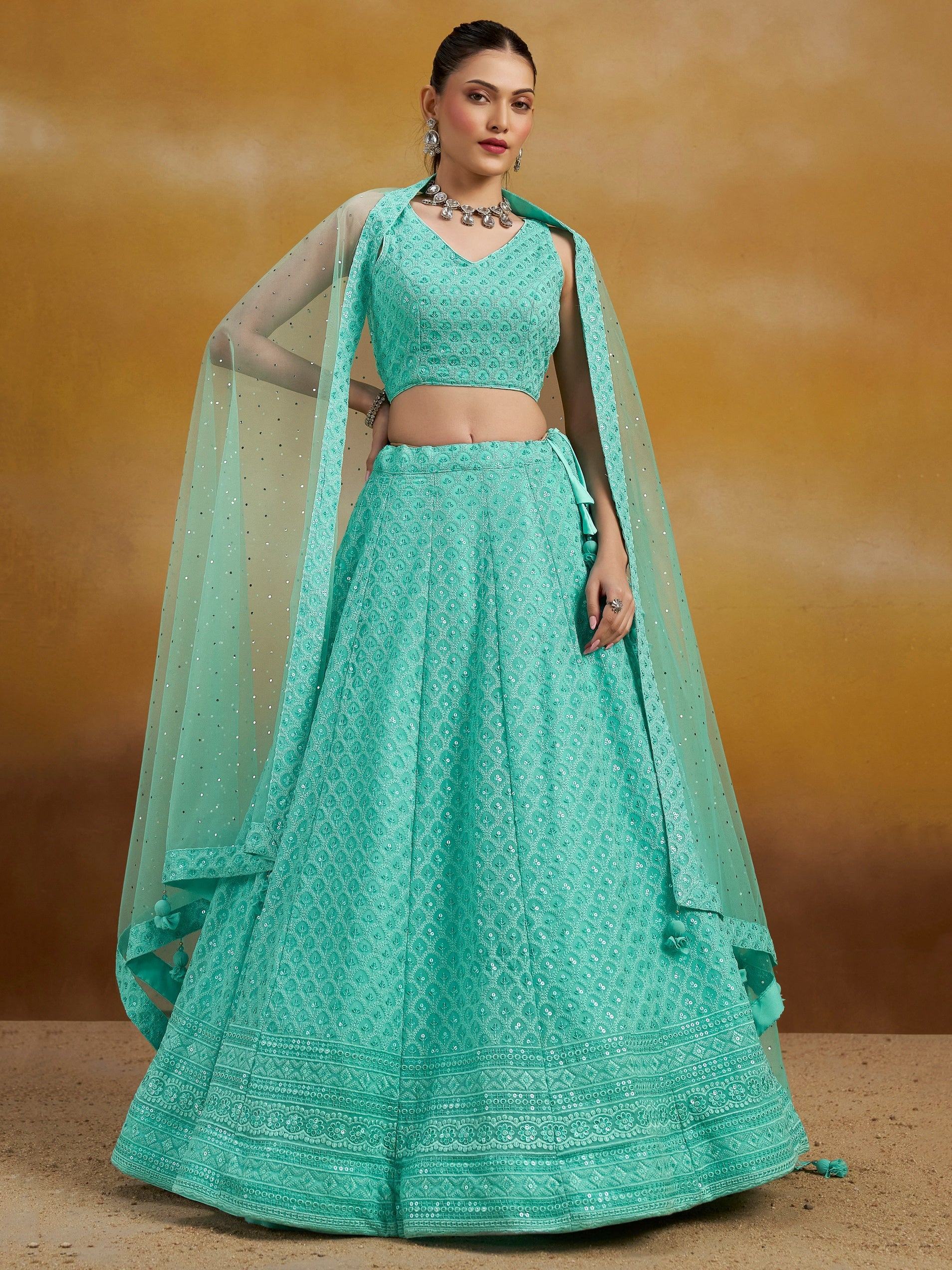 Sky Blue Sweet Sequins Georgette Reception Wear Lehenga Choli