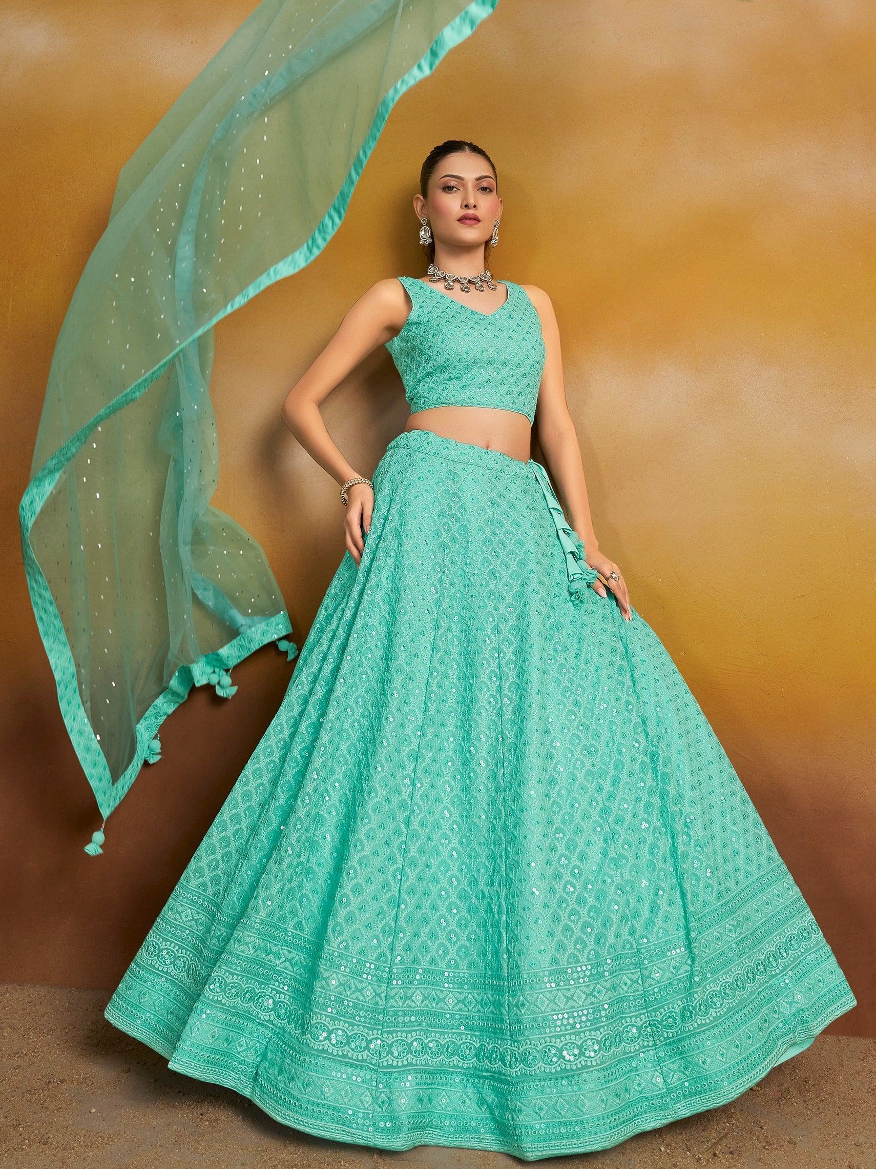 Sky Blue Sweet Sequins Georgette Reception Wear Lehenga Choli