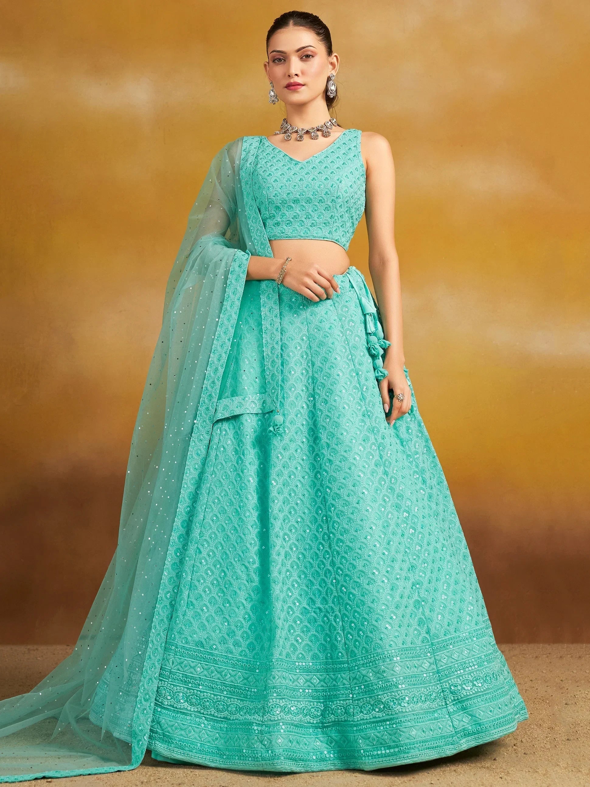 Sky Blue Sweet Sequins Georgette Reception Wear Lehenga Choli