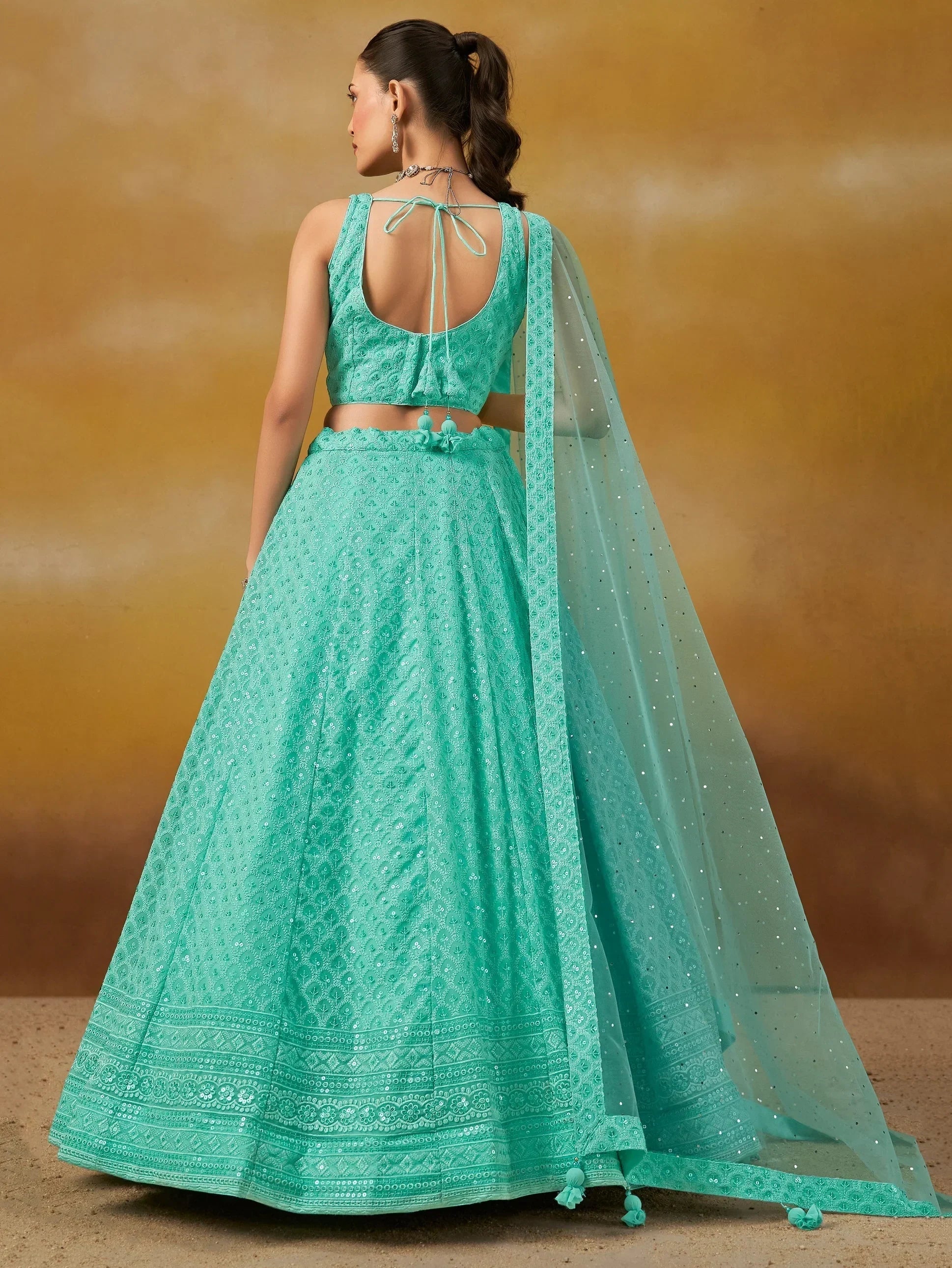 Sky Blue Sweet Sequins Georgette Reception Wear Lehenga Choli